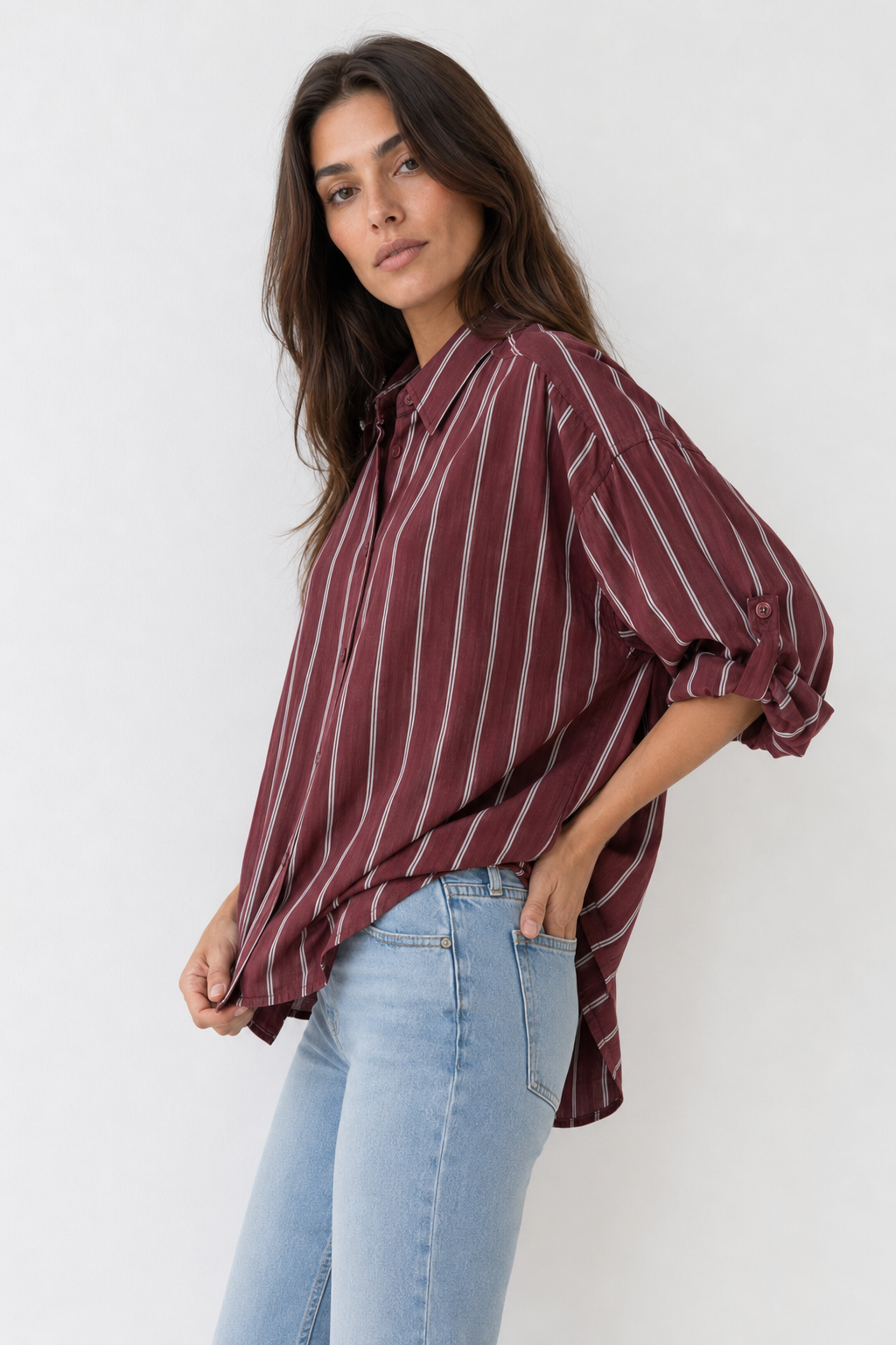 Camicia oversize con sottili righe|Colore:Bordeaux
