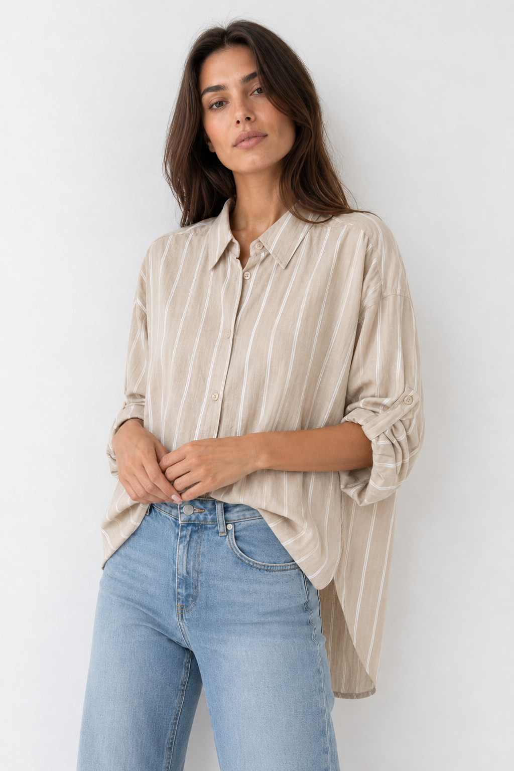 Camicia oversize con sottili righe|Colore:Beige