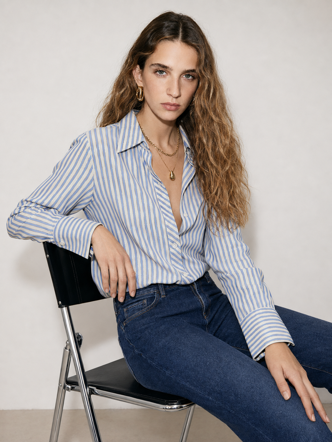 Camicia con filo in lurex oro|Colore:Celeste
