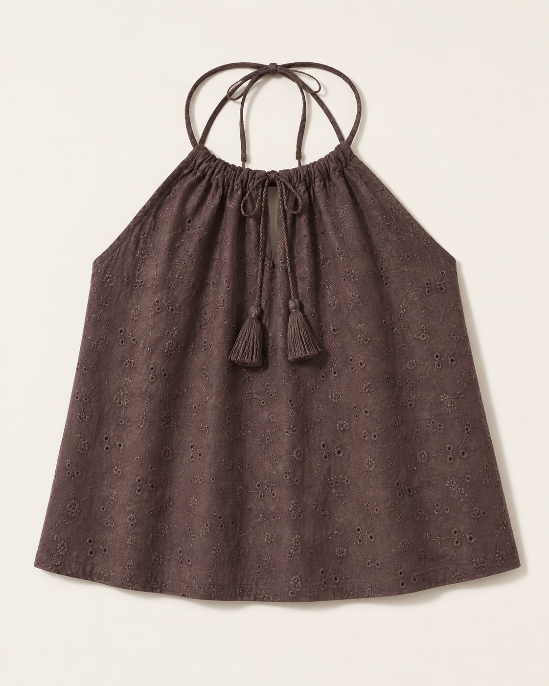 Top halter neck in pizzo san gallo|Colore:Cioccolato
