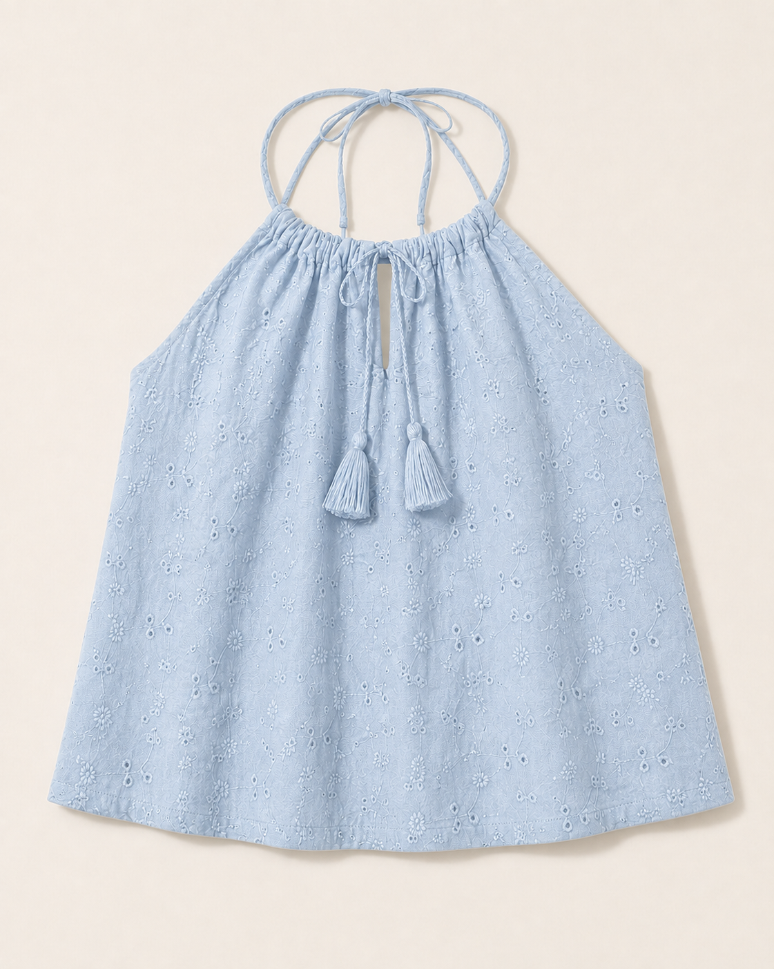 Top halter neck in pizzo san gallo|Colore:Celeste