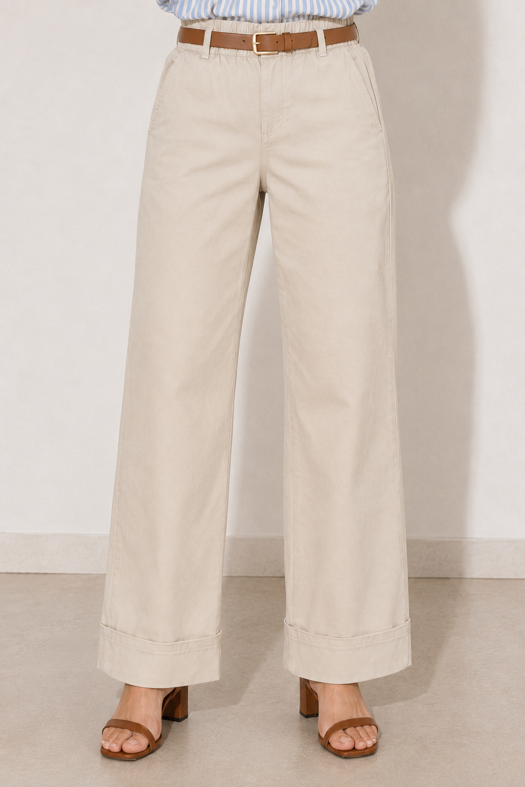 Pantalone con cintura e tasche a filo|Colore:Beige