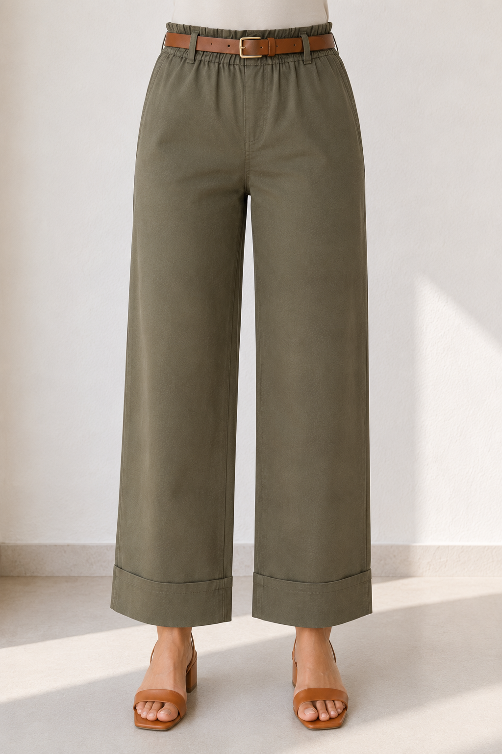 Pantalone con cintura e tasche a filo|Colore:Verde militare