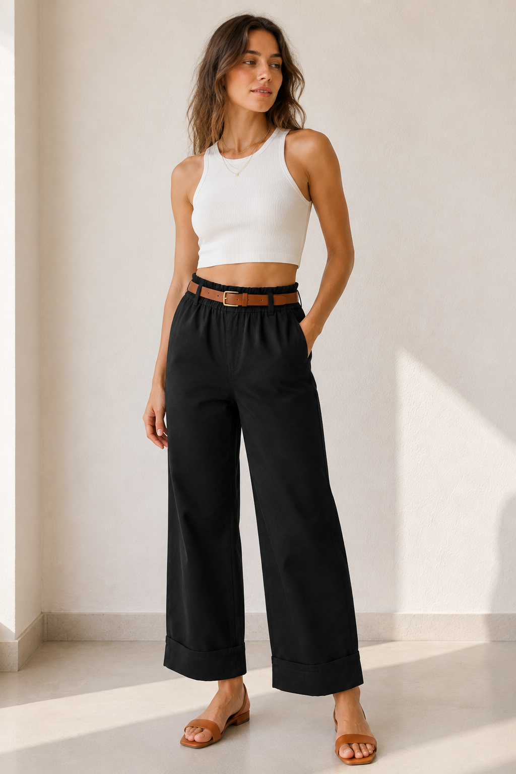 Pantalone con cintura e tasche a filo|Colore:Nero