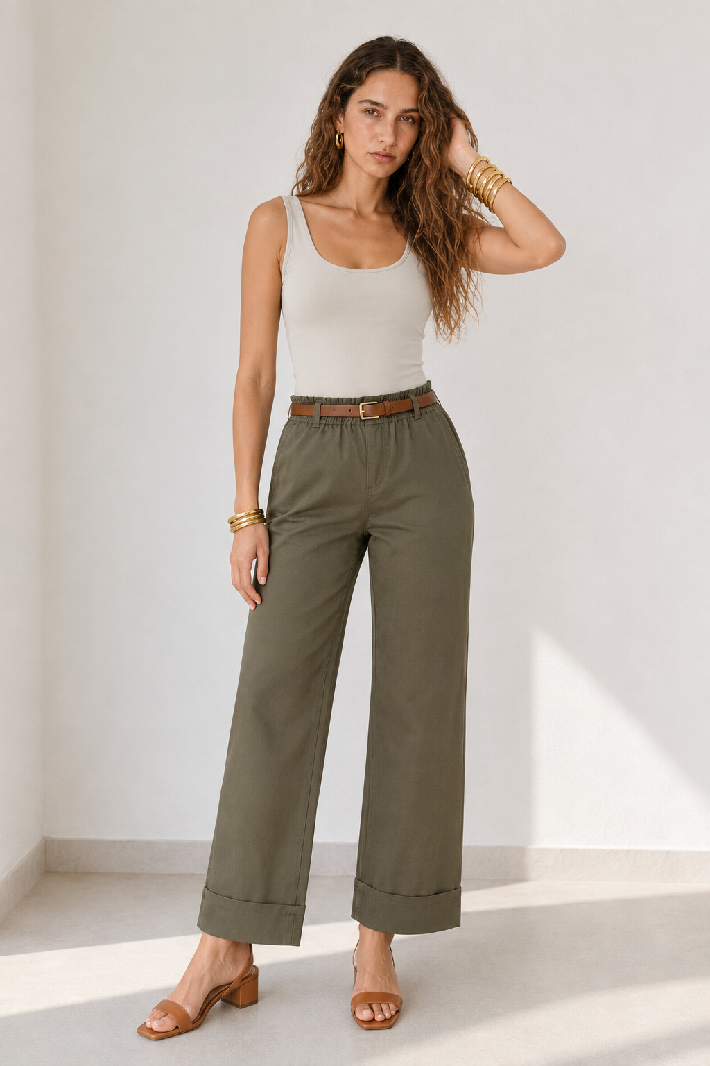 Pantalone con cintura e tasche a filo|Colore:Verde militare