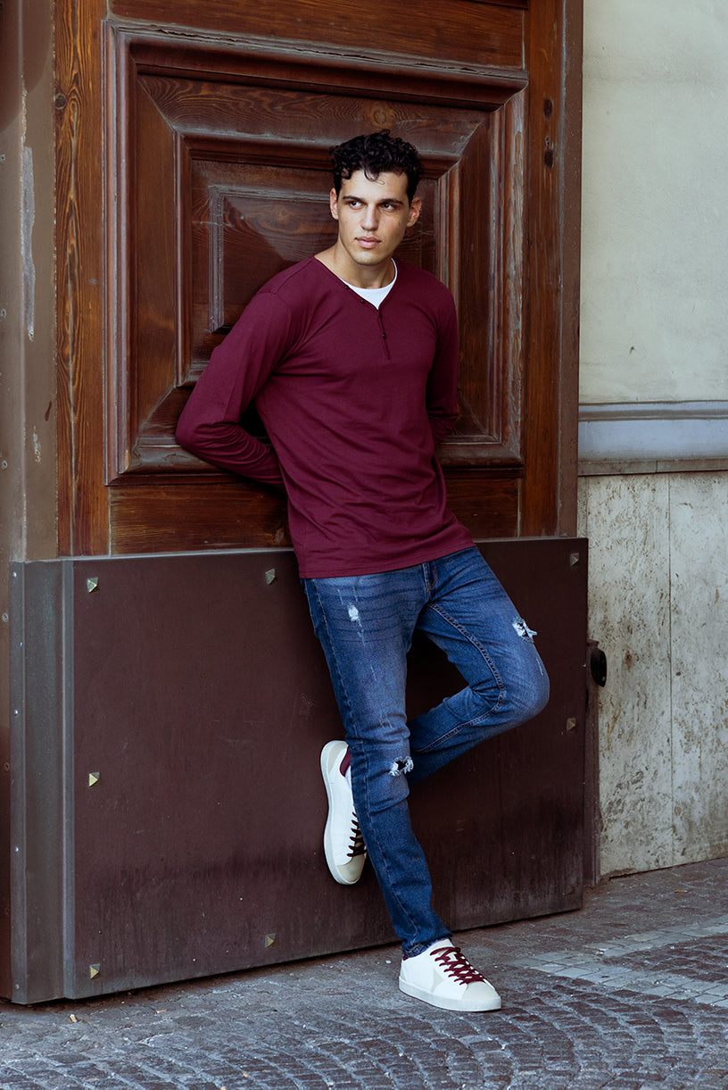 T-shirt serafino e 3 bottoni|Colore:Bordeaux