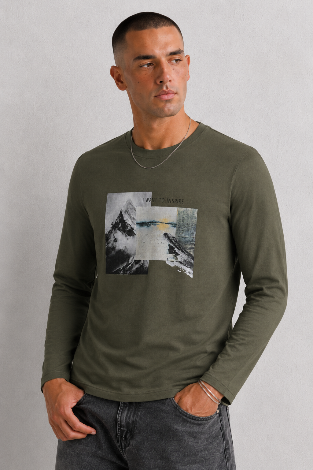 T-shirt manica lunga WANT TO INSPIRE|Colore:Verde militare