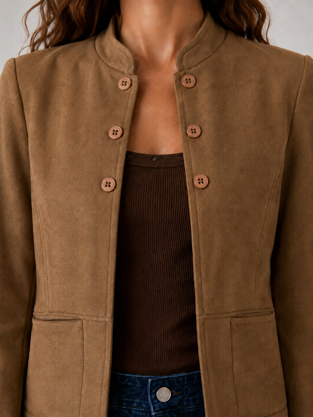 Giacca effetto suede collo coreana |Colore:Cammello
