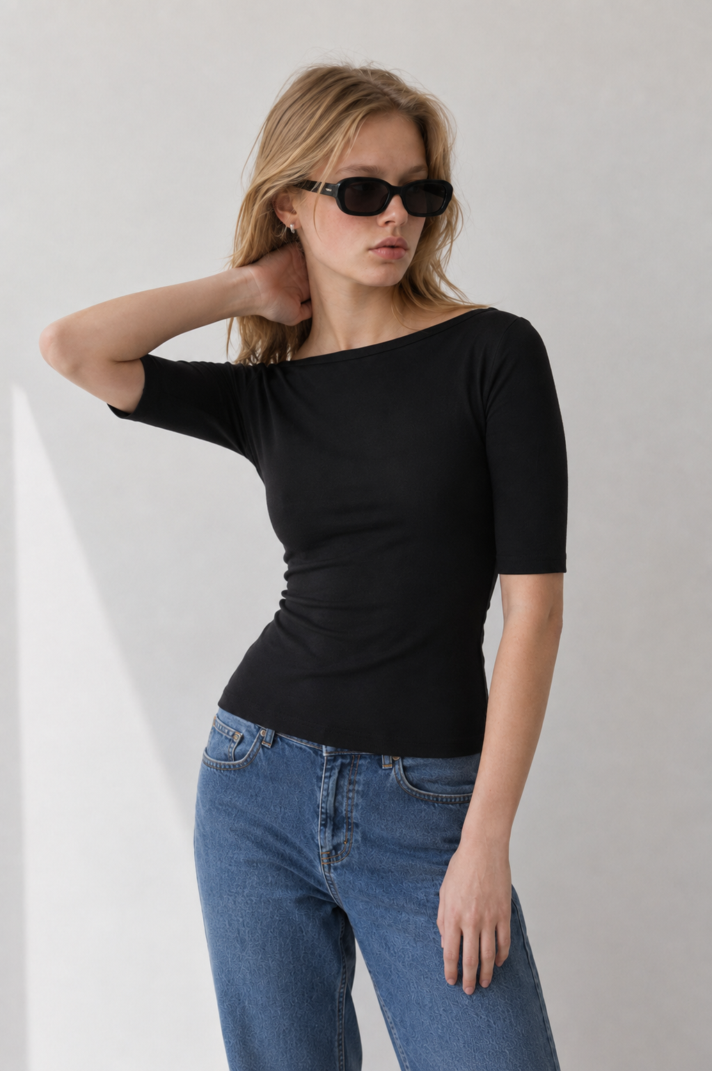 Maglia scollo a barchetta con maniche 3/4|Colore:Nero
