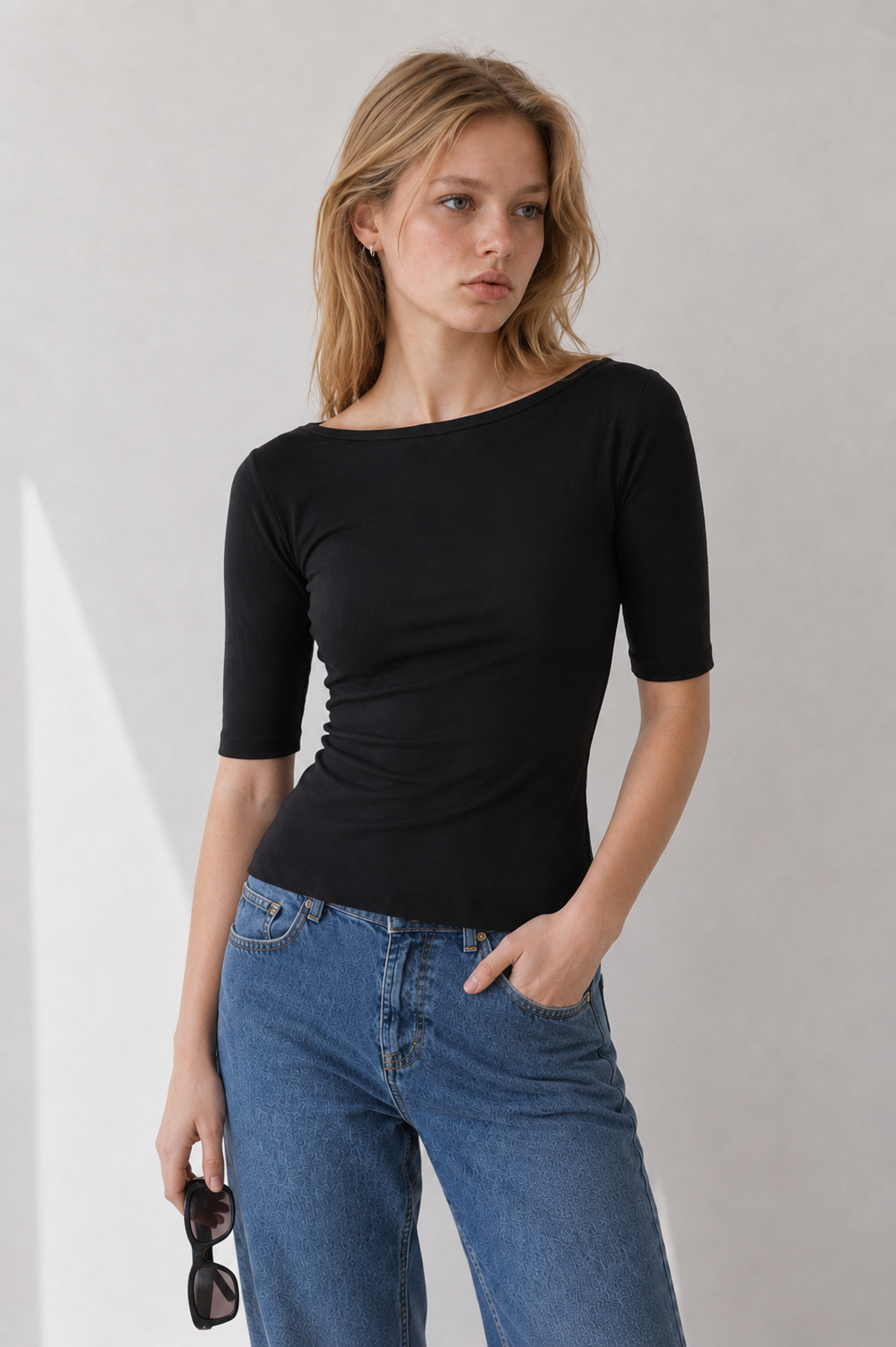 Maglia scollo a barchetta con maniche 3/4|Colore:Nero