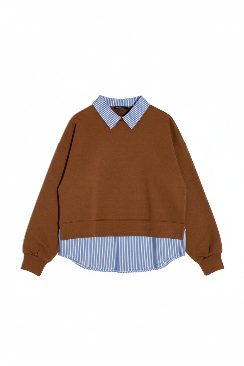 Maglia  con inserto camicia a righe|Colore:Toffee