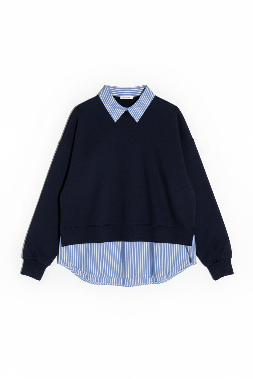 Maglia  con inserto camicia a righe|Colore:Blu navy