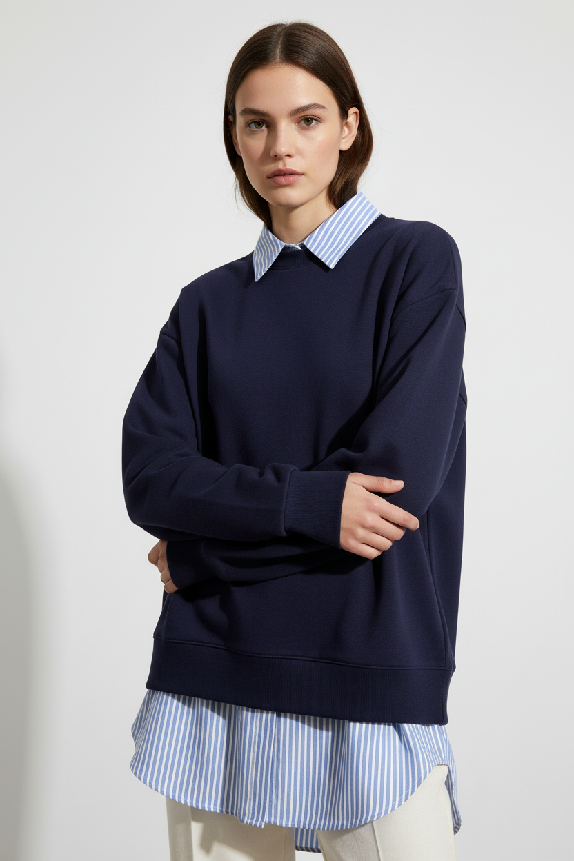 Maglia  con inserto camicia a righe|Colore:Blu navy
