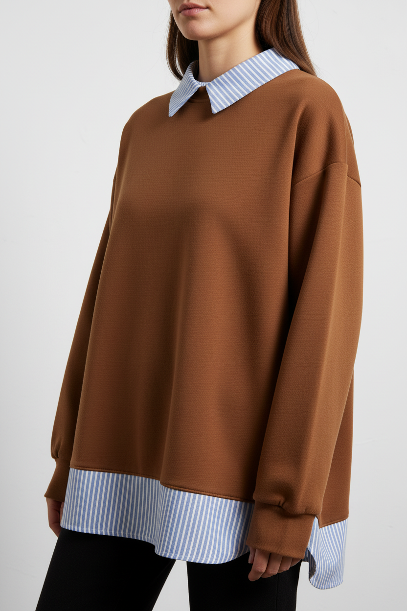 Maglia  con inserto camicia a righe|Colore:Toffee