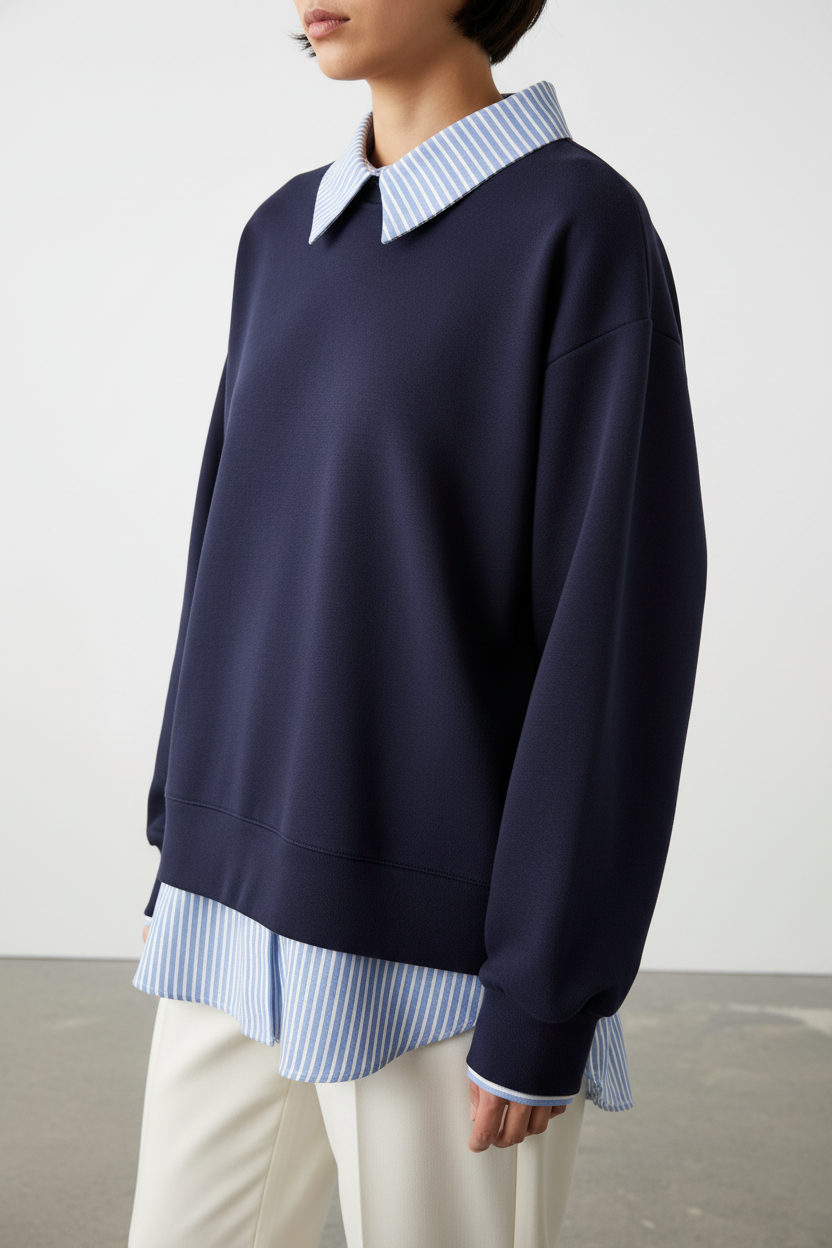 Maglia  con inserto camicia a righe|Colore:Blu navy