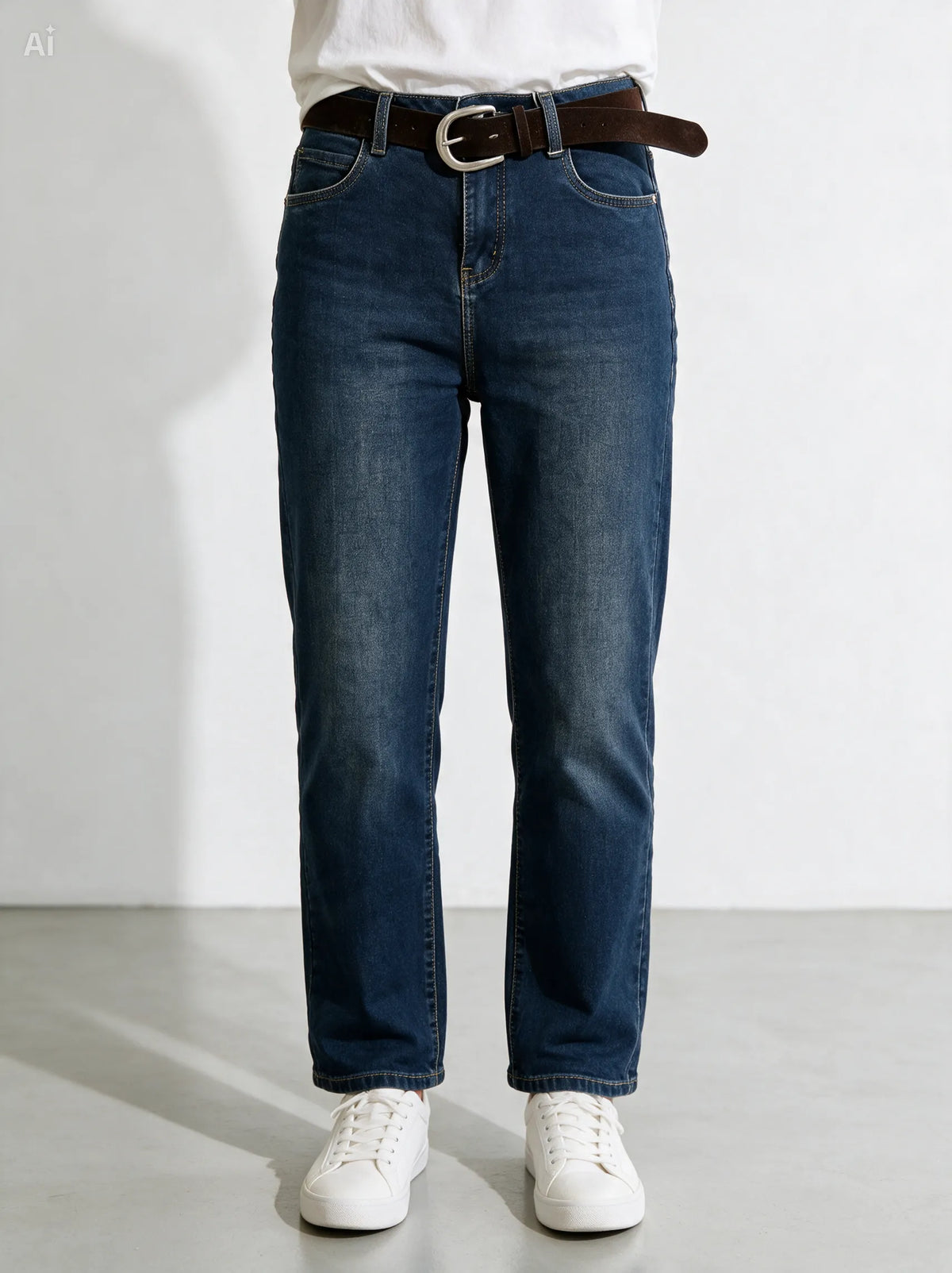 Jeans Straight  cropped con cintura|Colore:Blue invecchiato