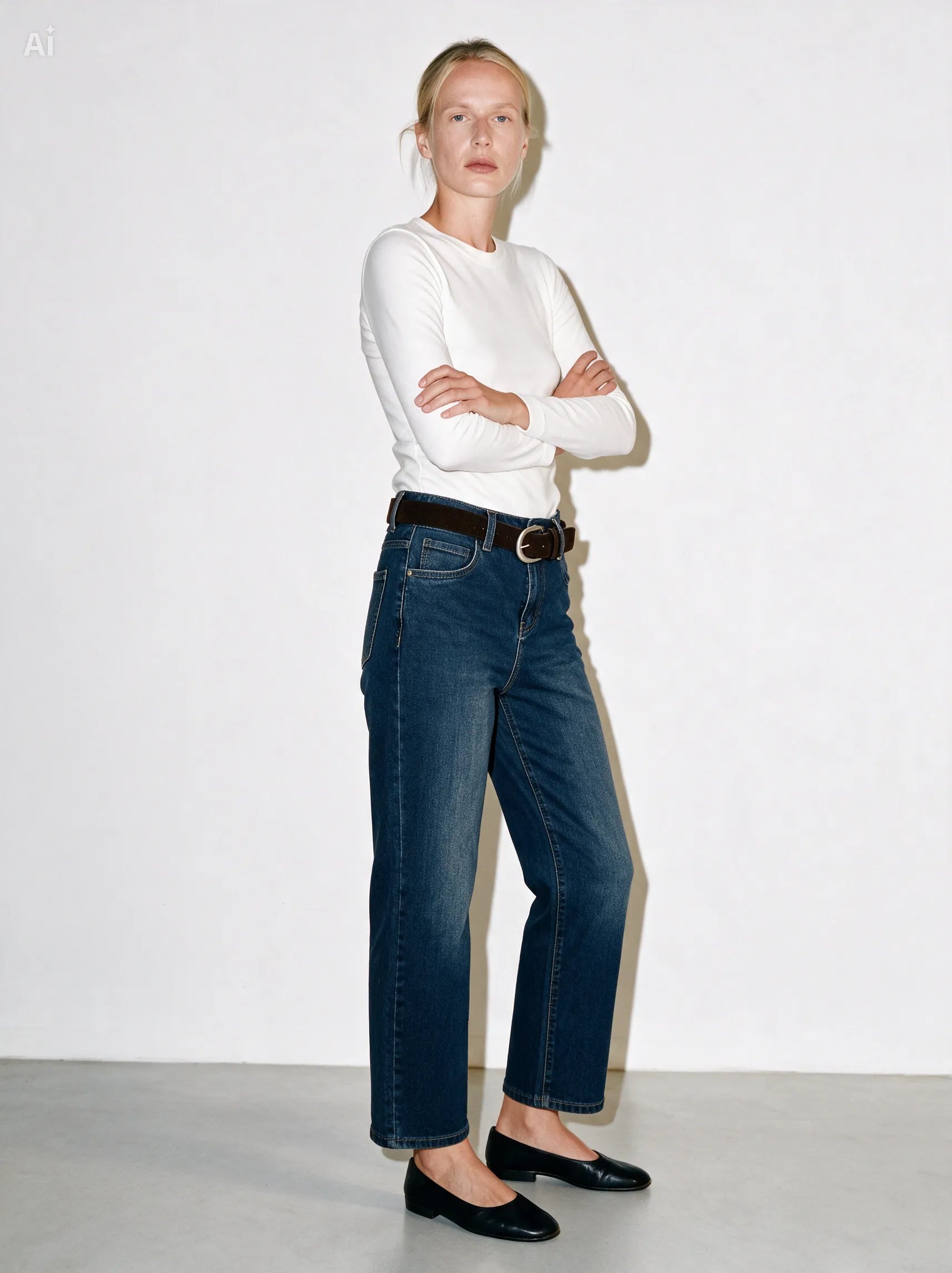 Jeans Straight  cropped con cintura|Colore:Blue invecchiato