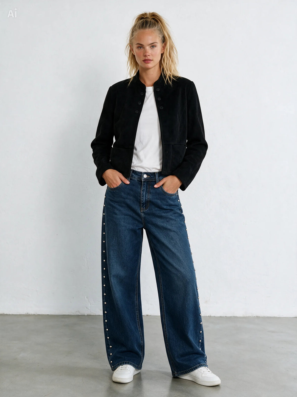 Jeans wide-leg con borchie|Colore:Blu scuro