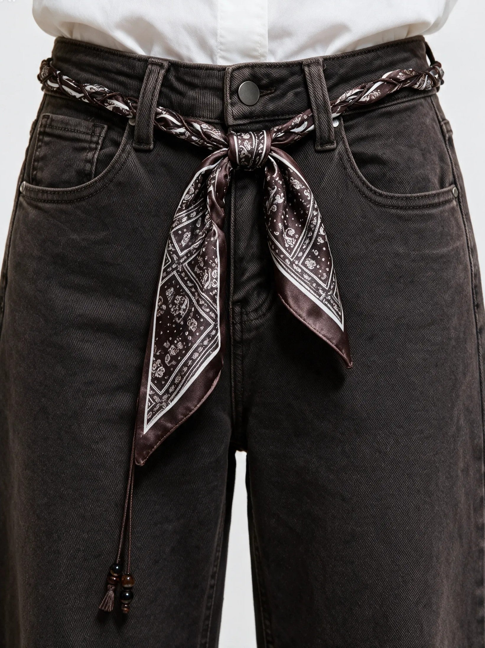 Jeans wide-leg con cinta bandana marrone|Colore:Marrone