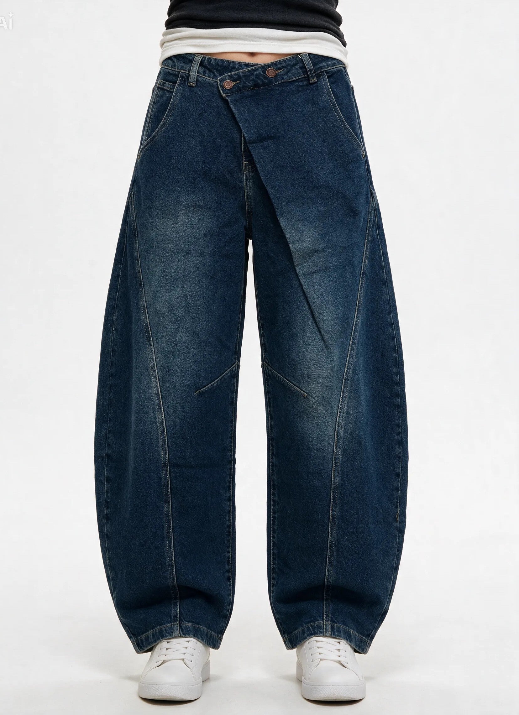 eans Barrel con Chiusura Asimmetrica|Colore:Jeans scuro