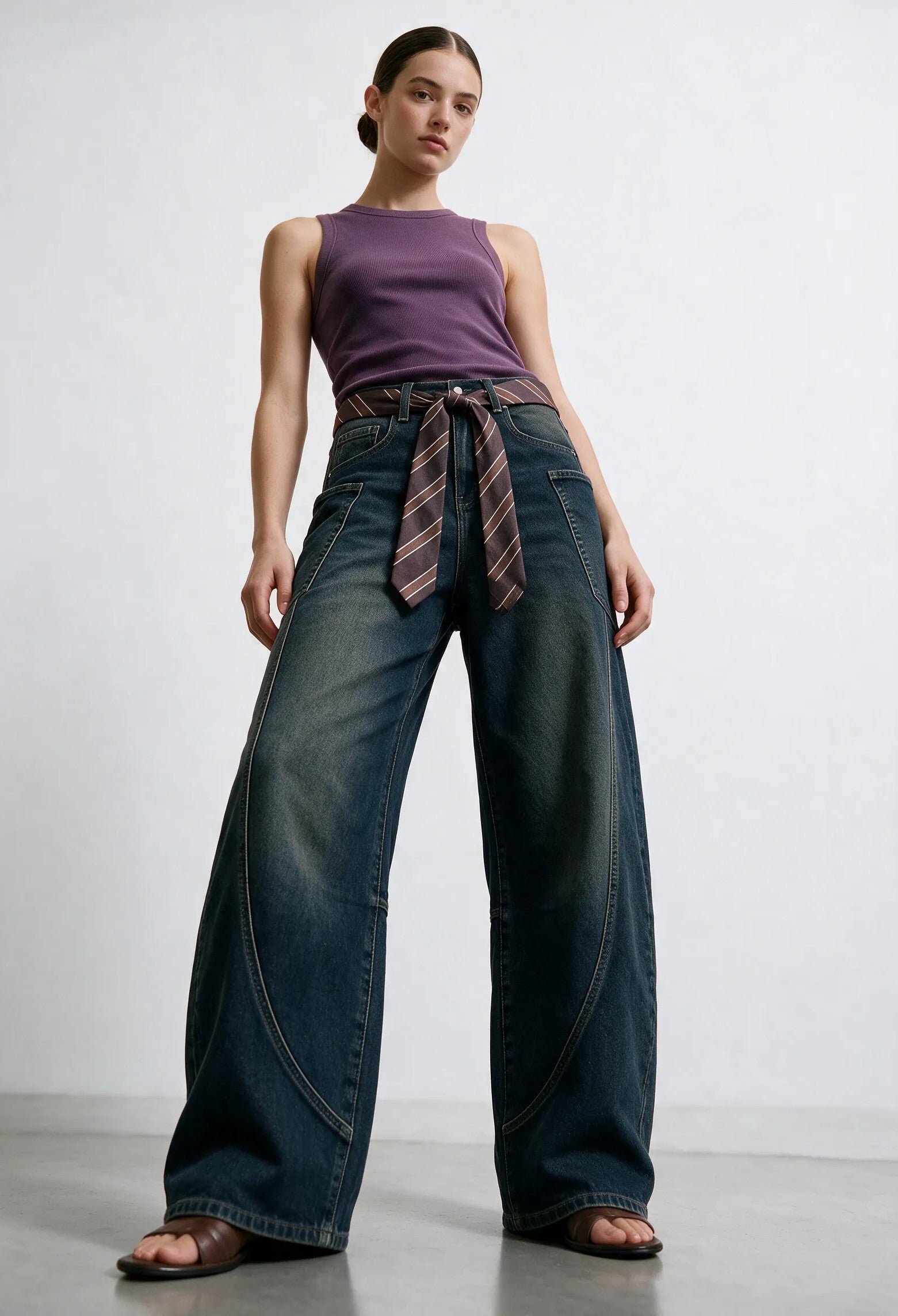 Jeans Wide Leg sabbiato con Cintura a Cravatta|Colore:Lavaggio invecchiato