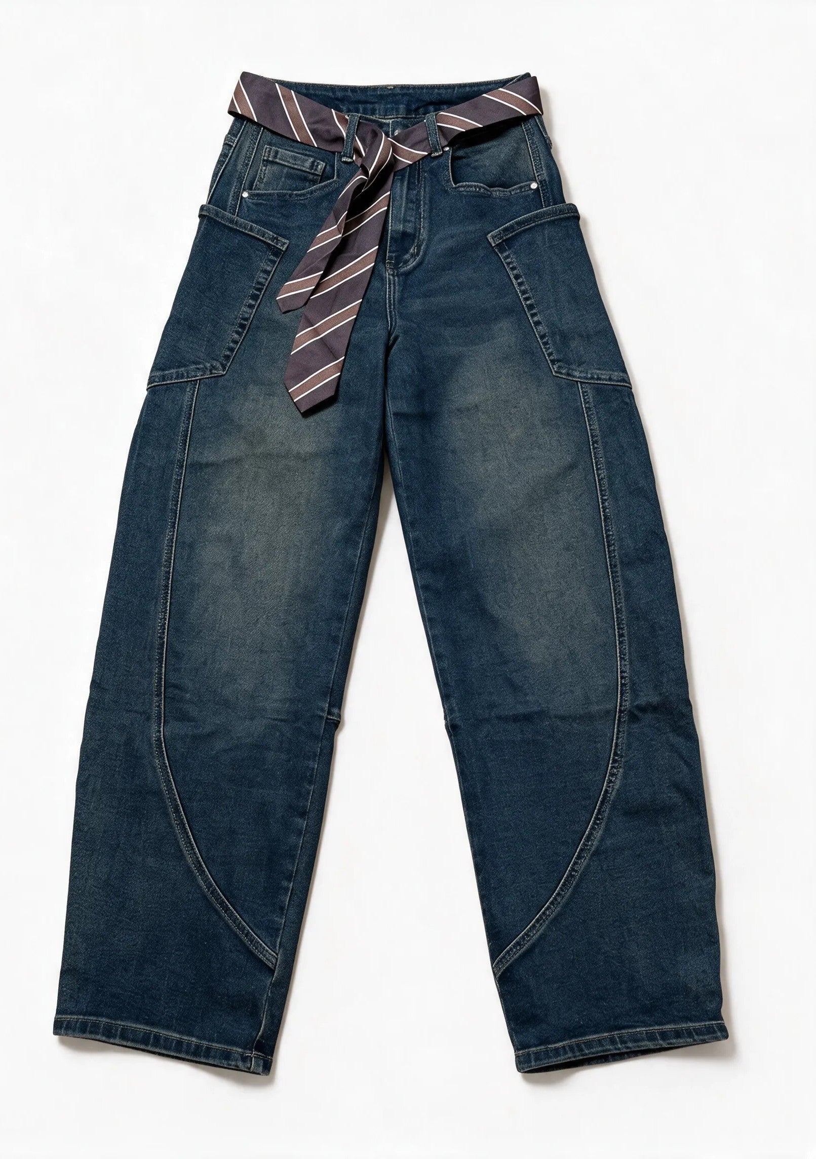 Jeans Wide Leg sabbiato con Cintura a Cravatta|Colore:Lavaggio invecchiato