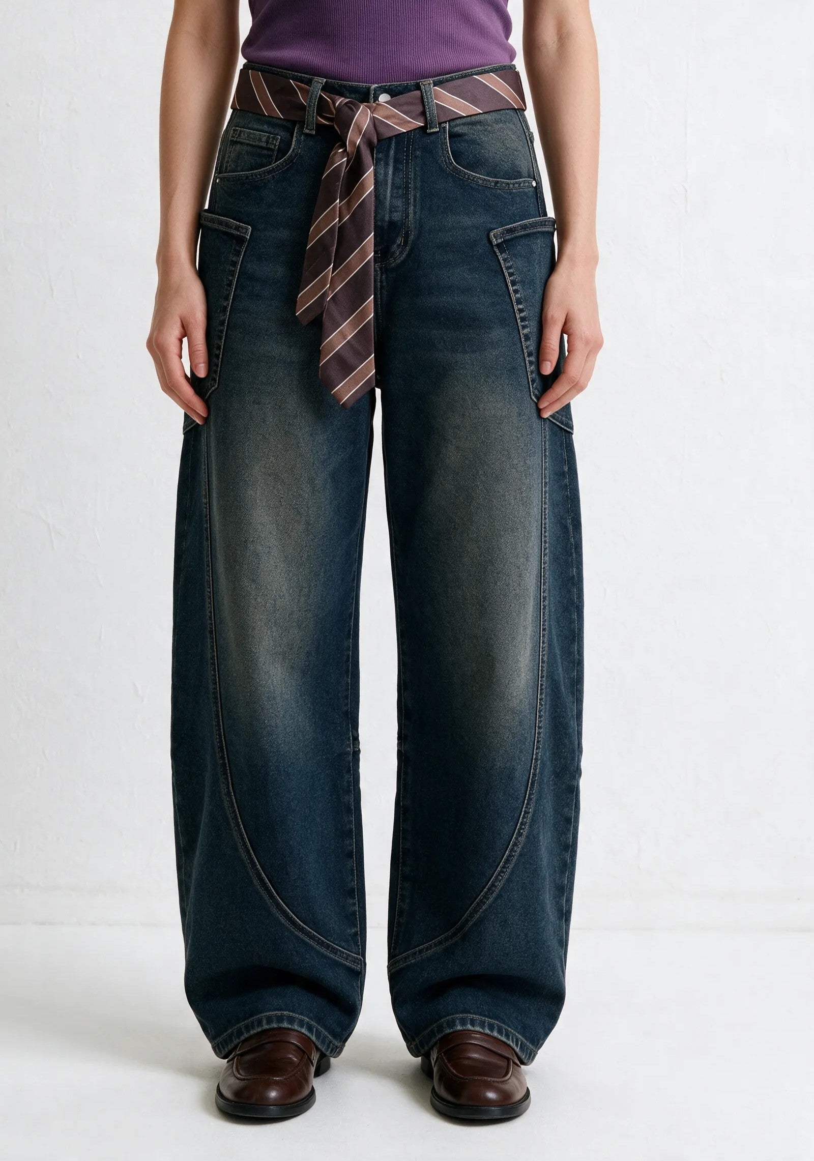 Jeans Wide Leg sabbiato con Cintura a Cravatta|Colore:Lavaggio invecchiato