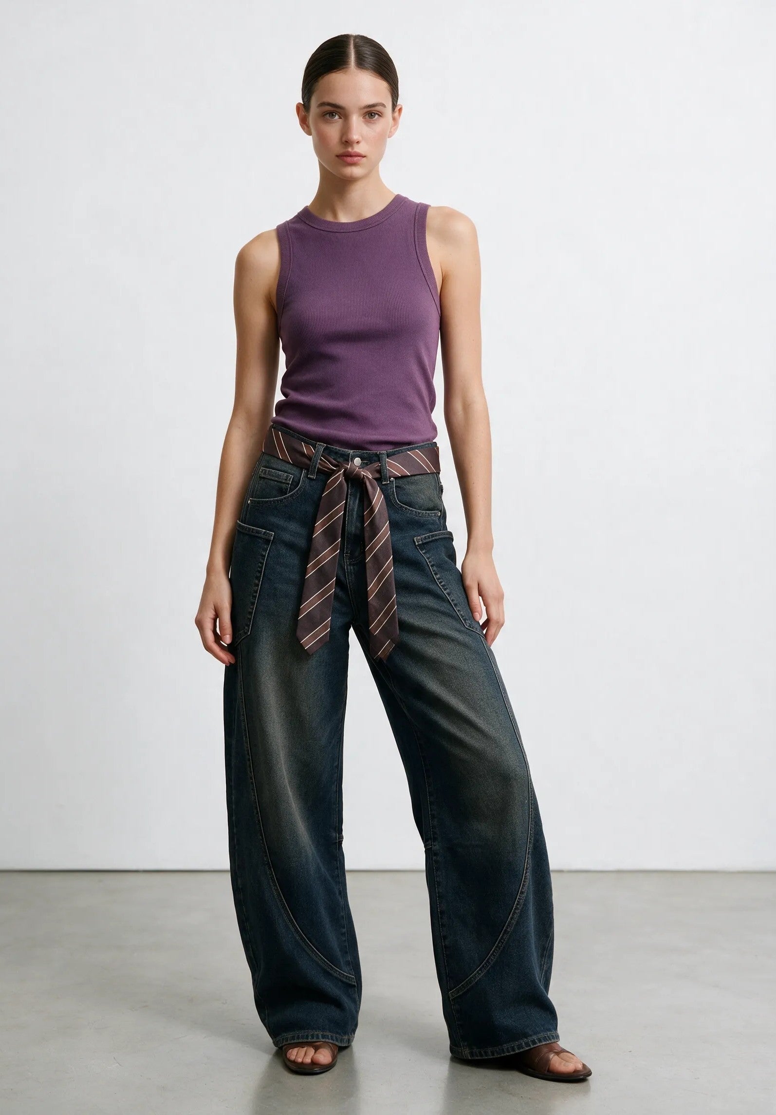 Jeans Wide Leg sabbiato con Cintura a Cravatta|Colore:Lavaggio invecchiato