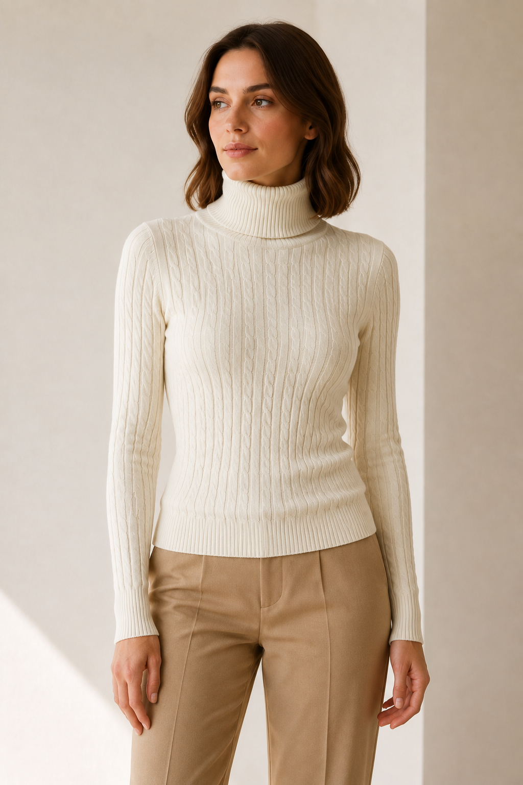 Maglia collo alto a trecce|Colore:Avorio