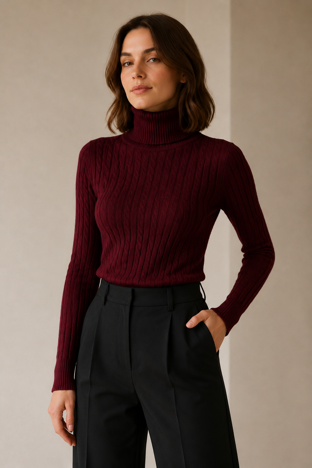 Maglia collo alto a trecce|Colore:Burgundy