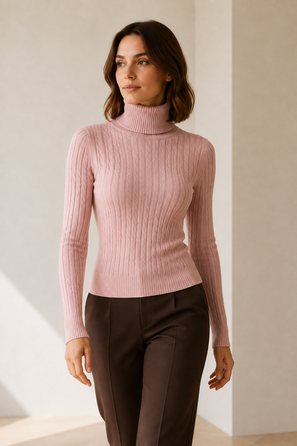 Maglia collo alto a trecce|Colore:Rosa polvere