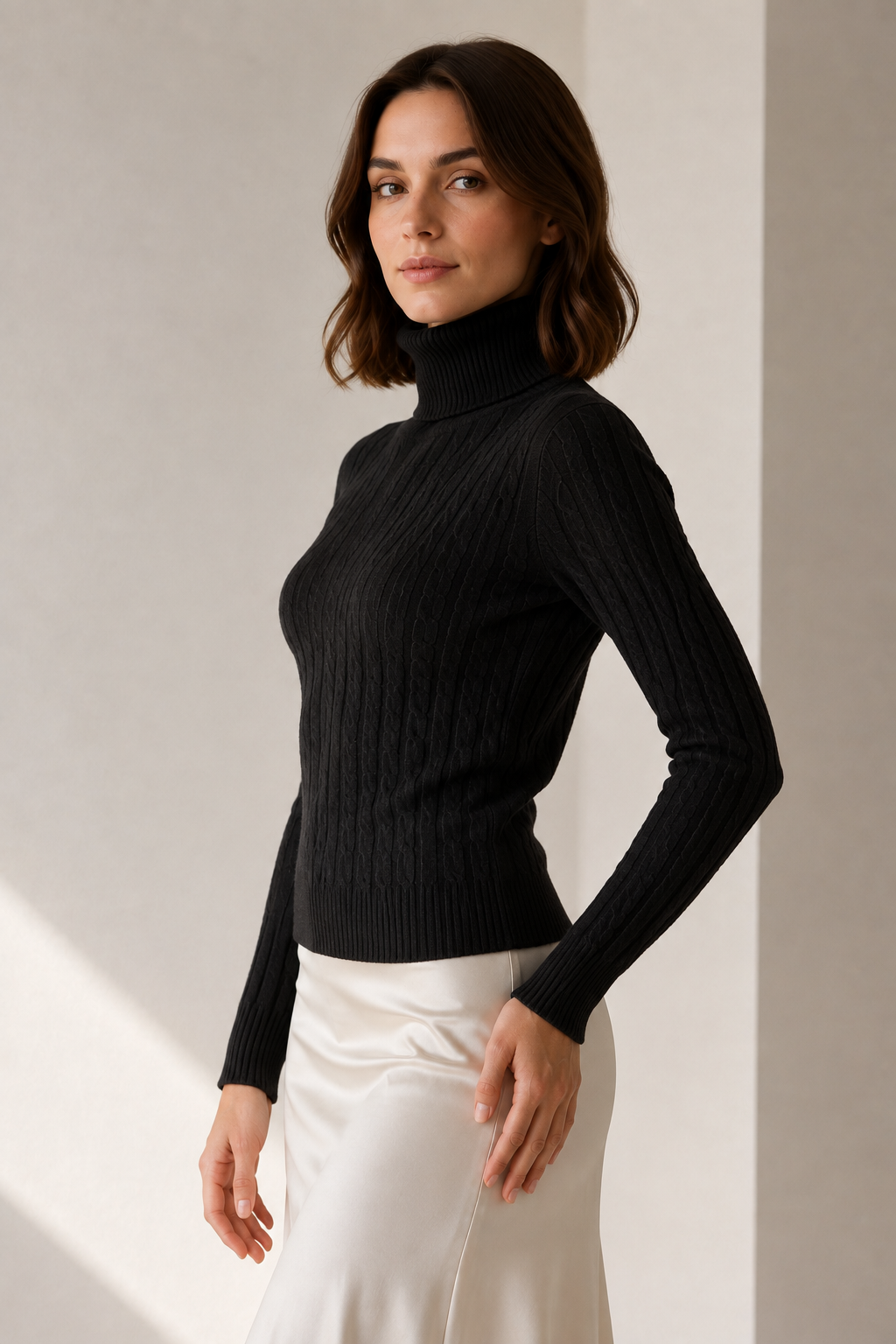 Maglia collo alto a trecce|Colore:Nero