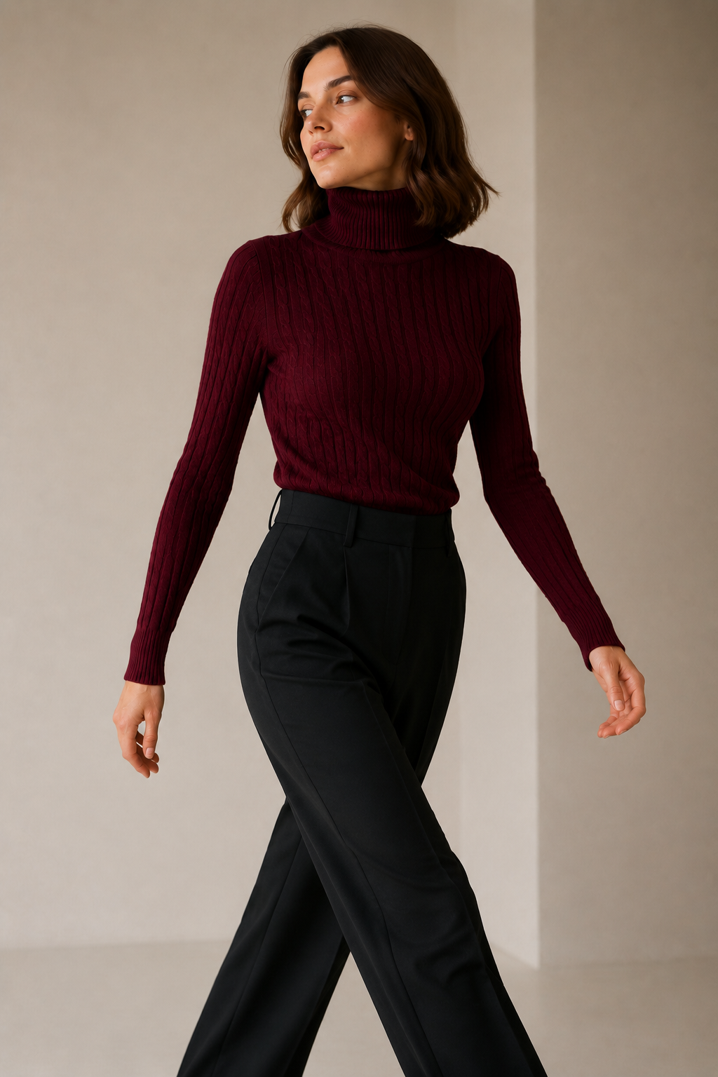 Maglia collo alto a trecce|Colore:Burgundy