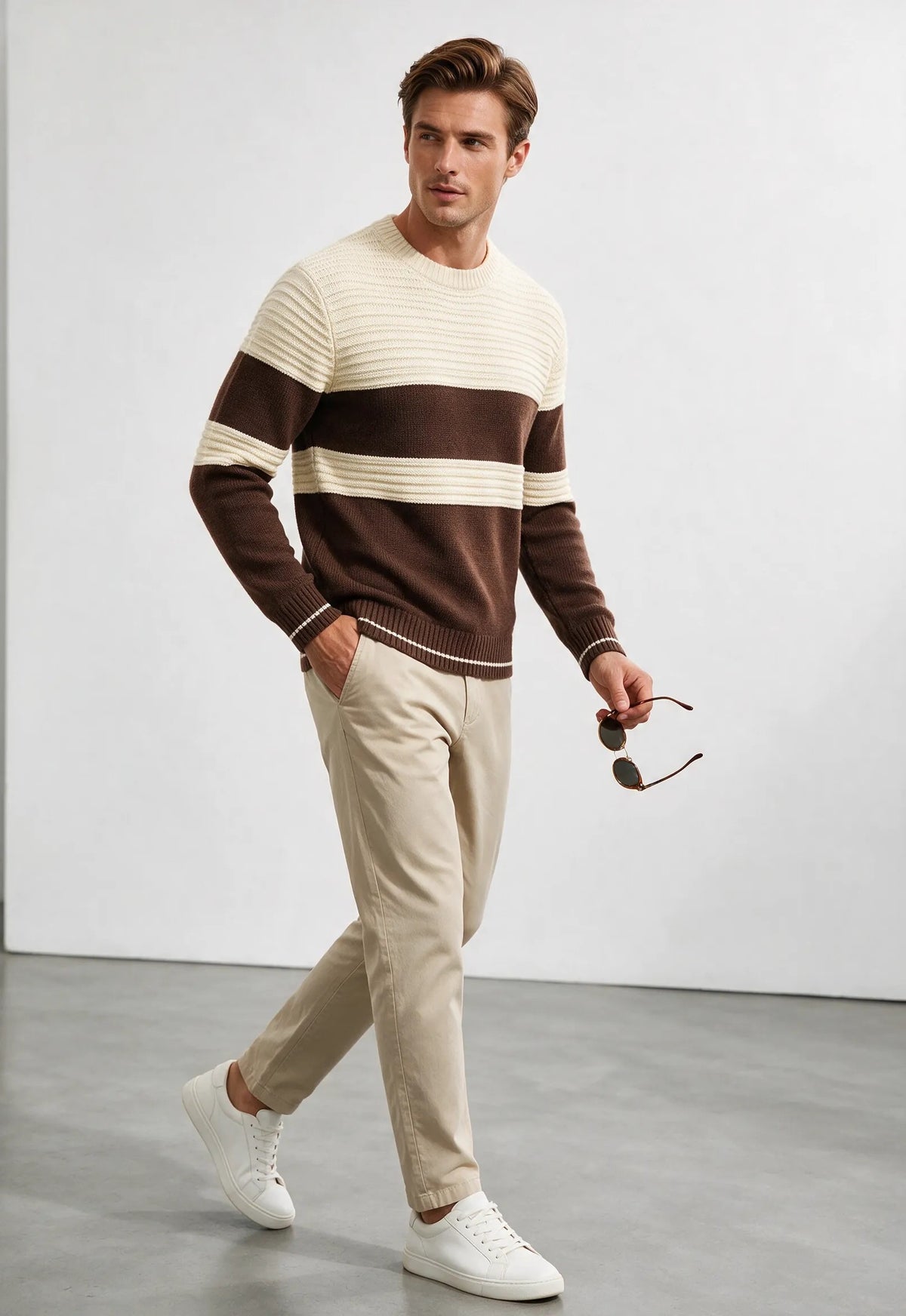 maglione girocollo strutturato a fasce|Colore:Sand/chocolate brown