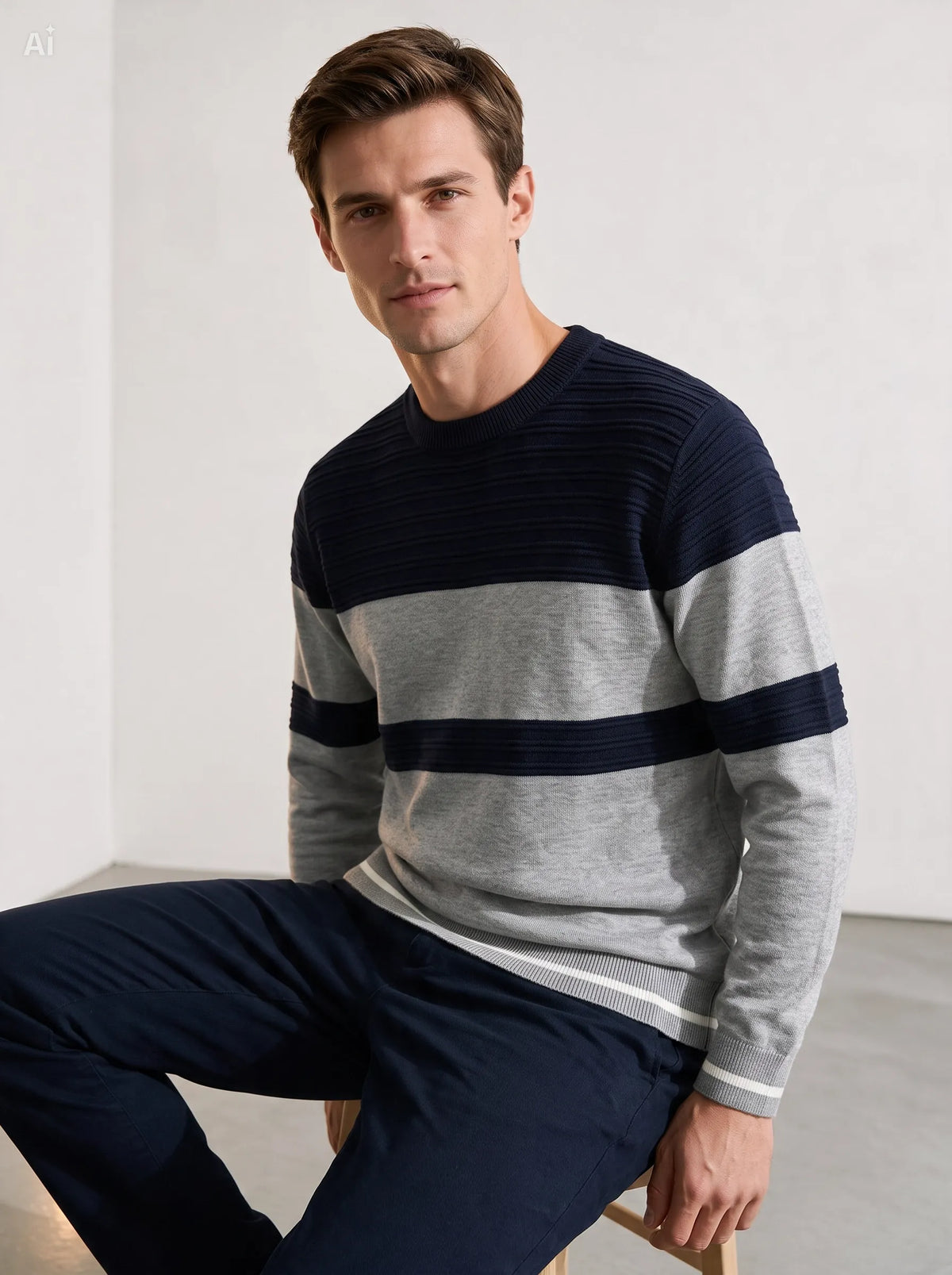 maglione girocollo strutturato a fasce|Colore:Blue navy/medium gray melange