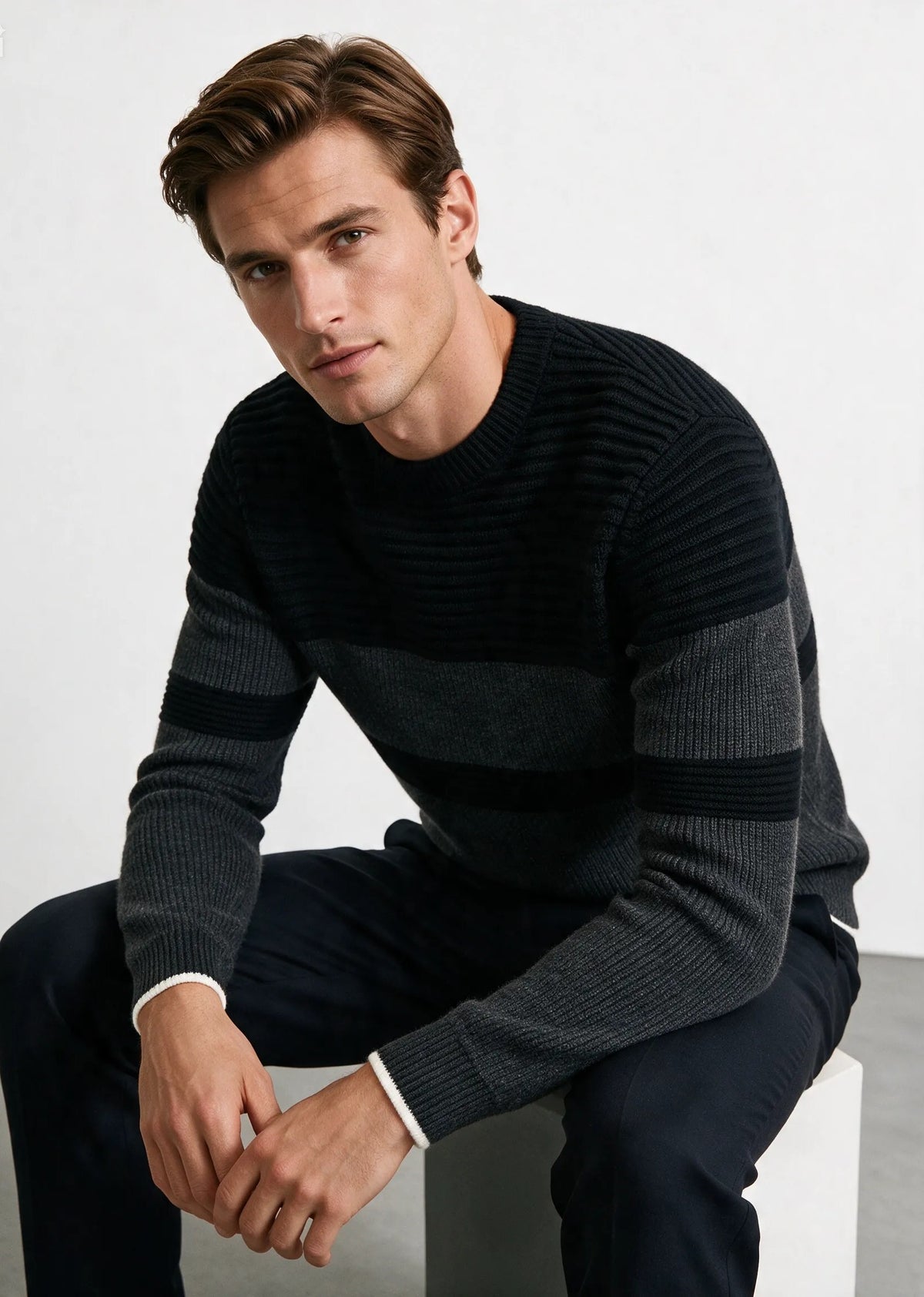 maglione girocollo strutturato a fasce|Colore:Black/dark grey melange