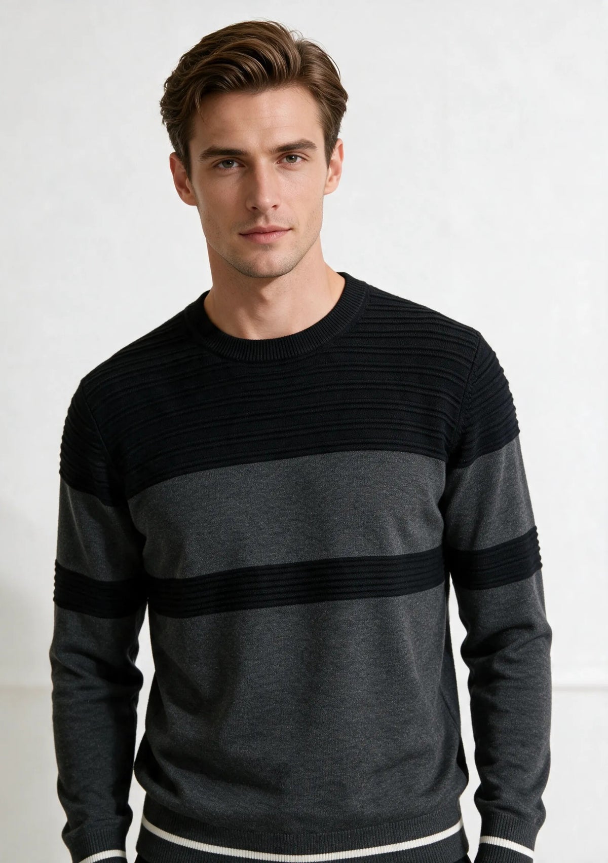 maglione girocollo strutturato a fasce|Colore:Black/dark grey melange