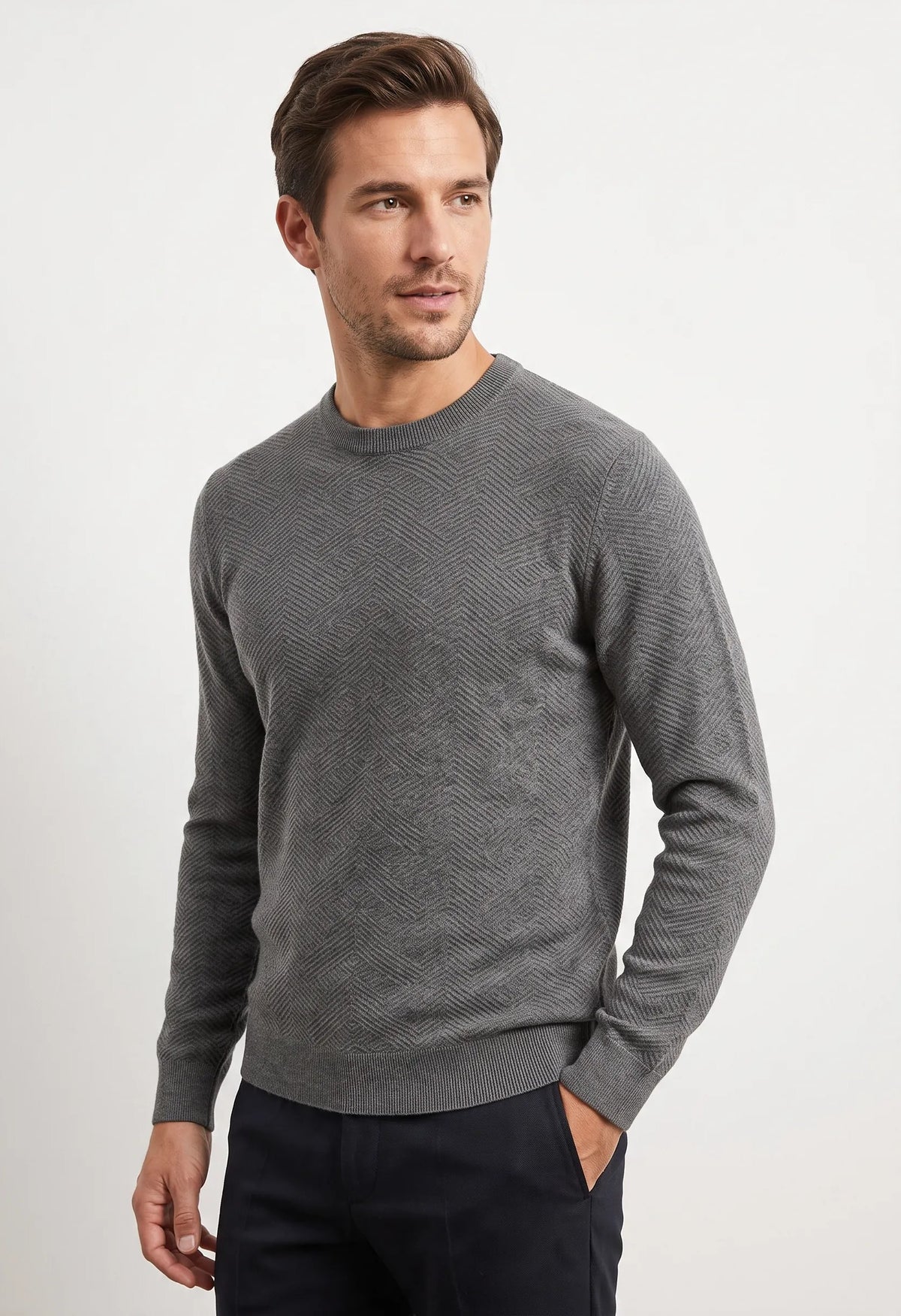 Maglia grircollo con lavorazione tono su tono|Colore:Dark grey melange