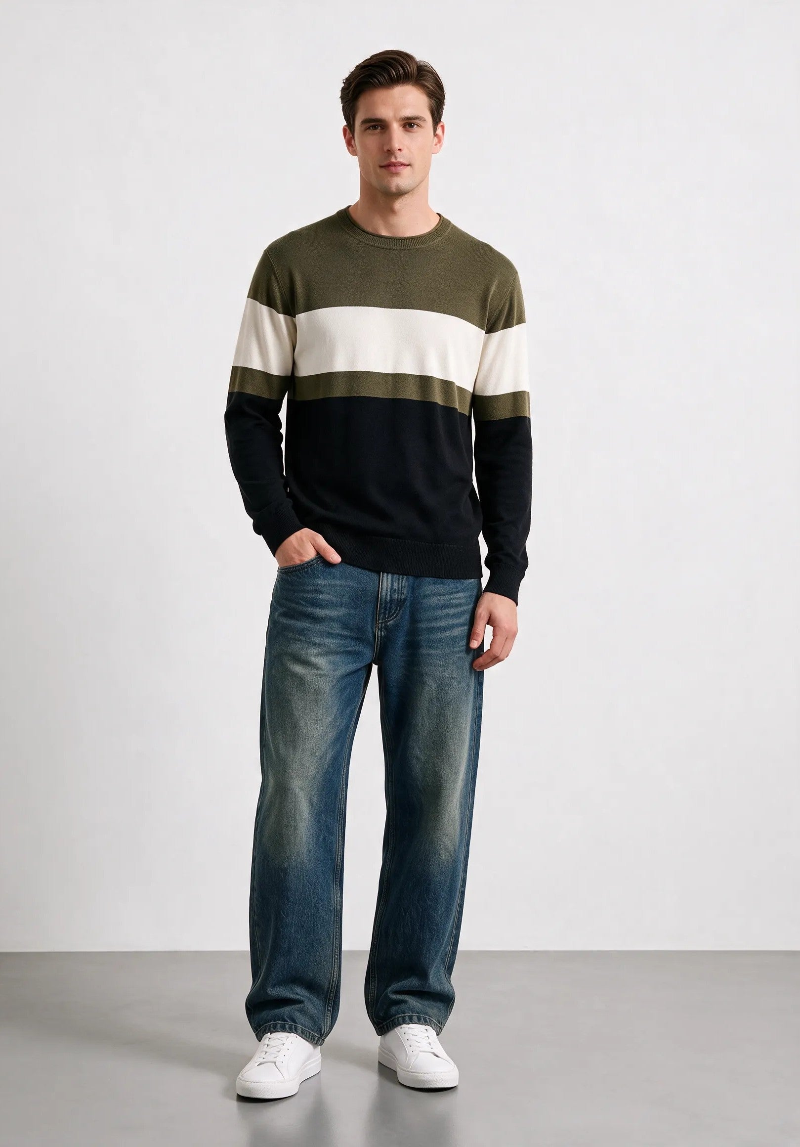 Maglia girocollo a fasce irregolari|Colore:Military green