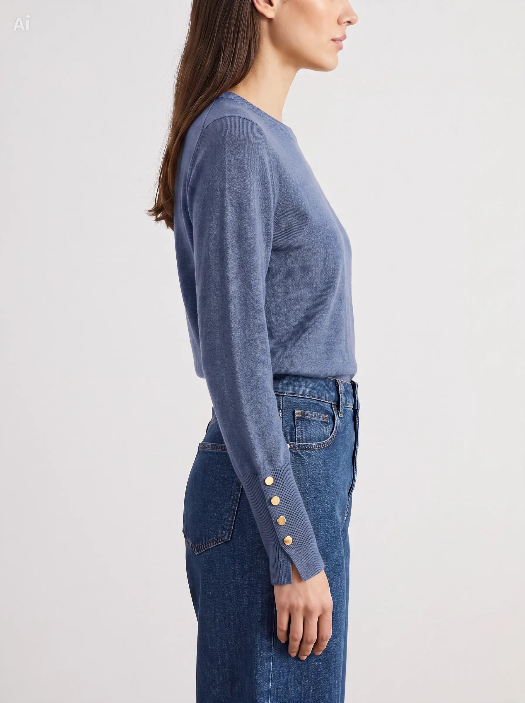 Maglia con bottoni decorativi ai polsi|Colore:Denim