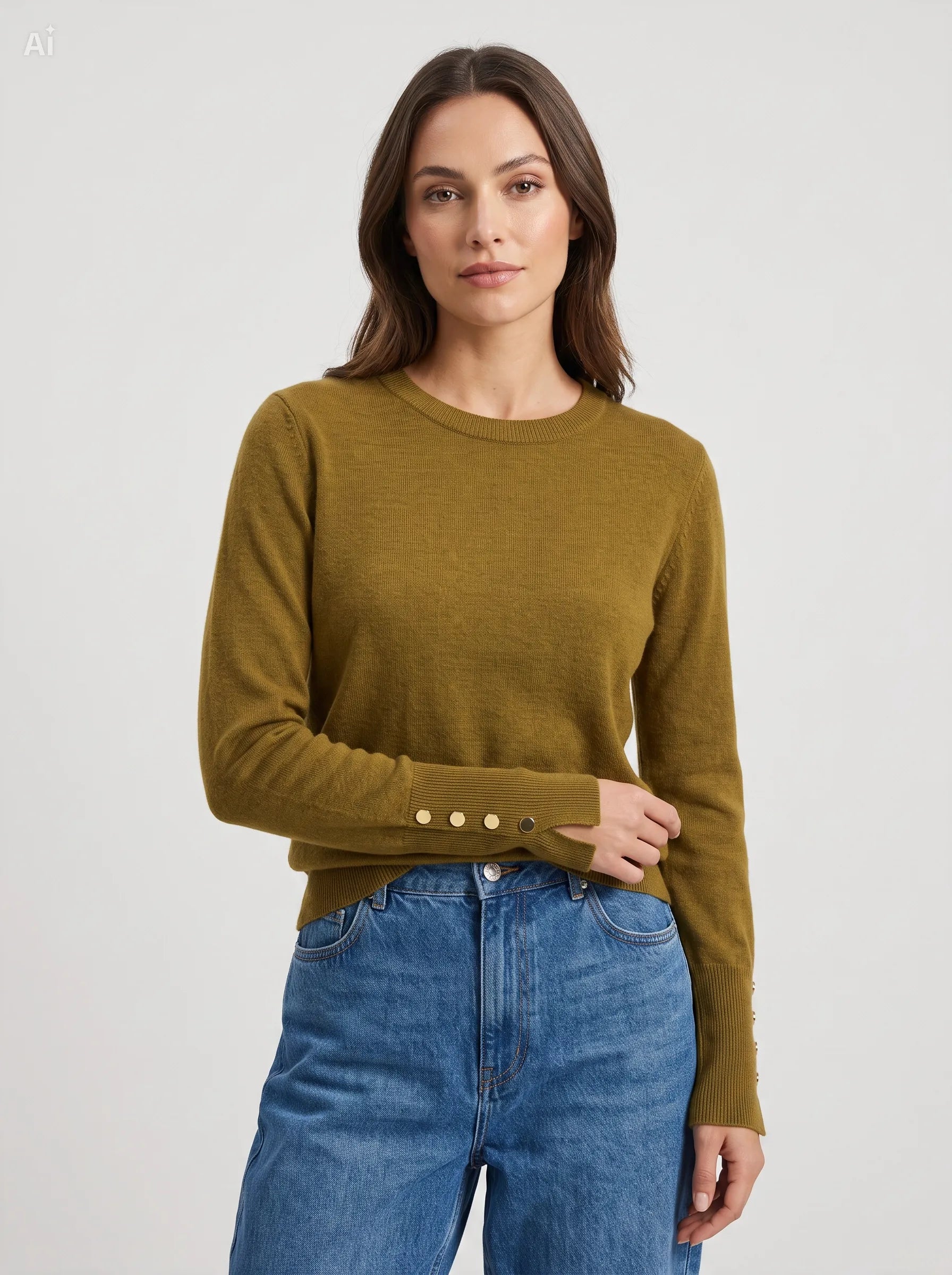 Maglia con bottoni decorativi ai polsi|Colore:Oliva