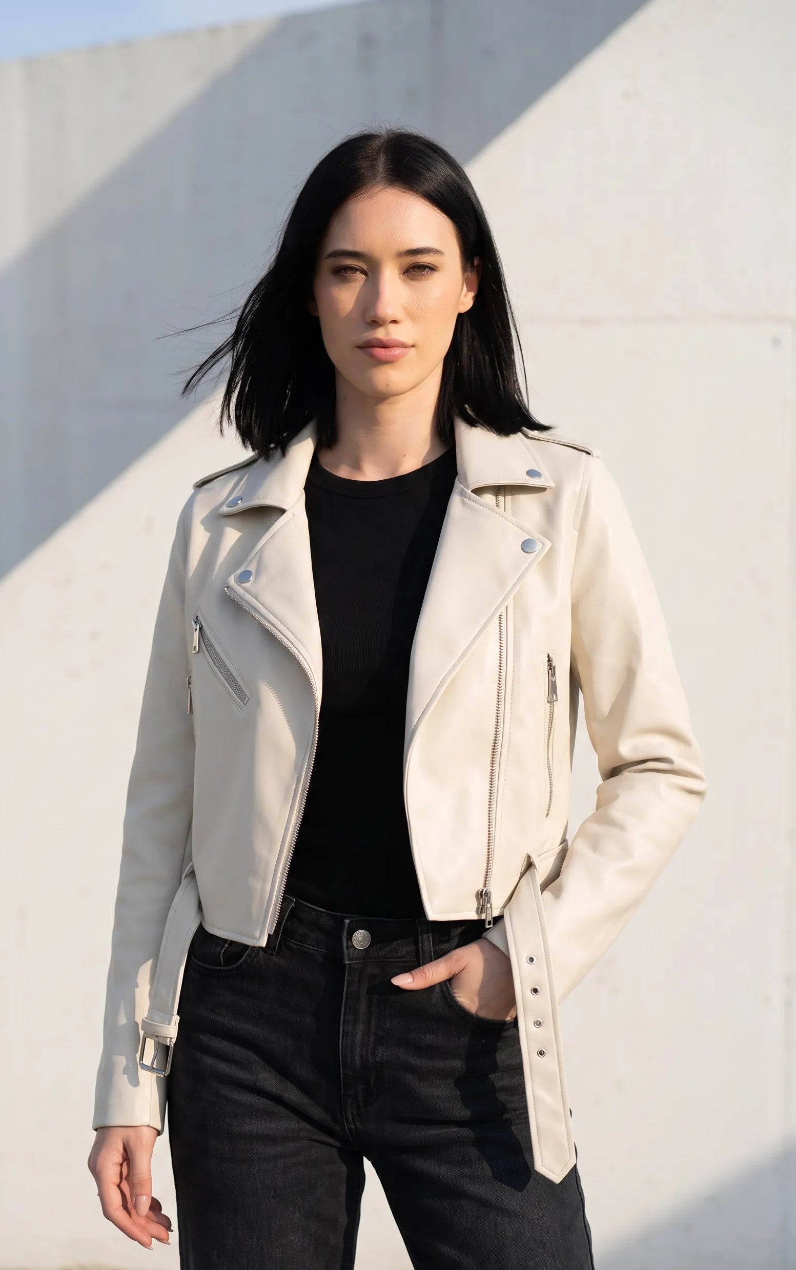 Giubbino Biker effetto pelle|Colore:Avorio