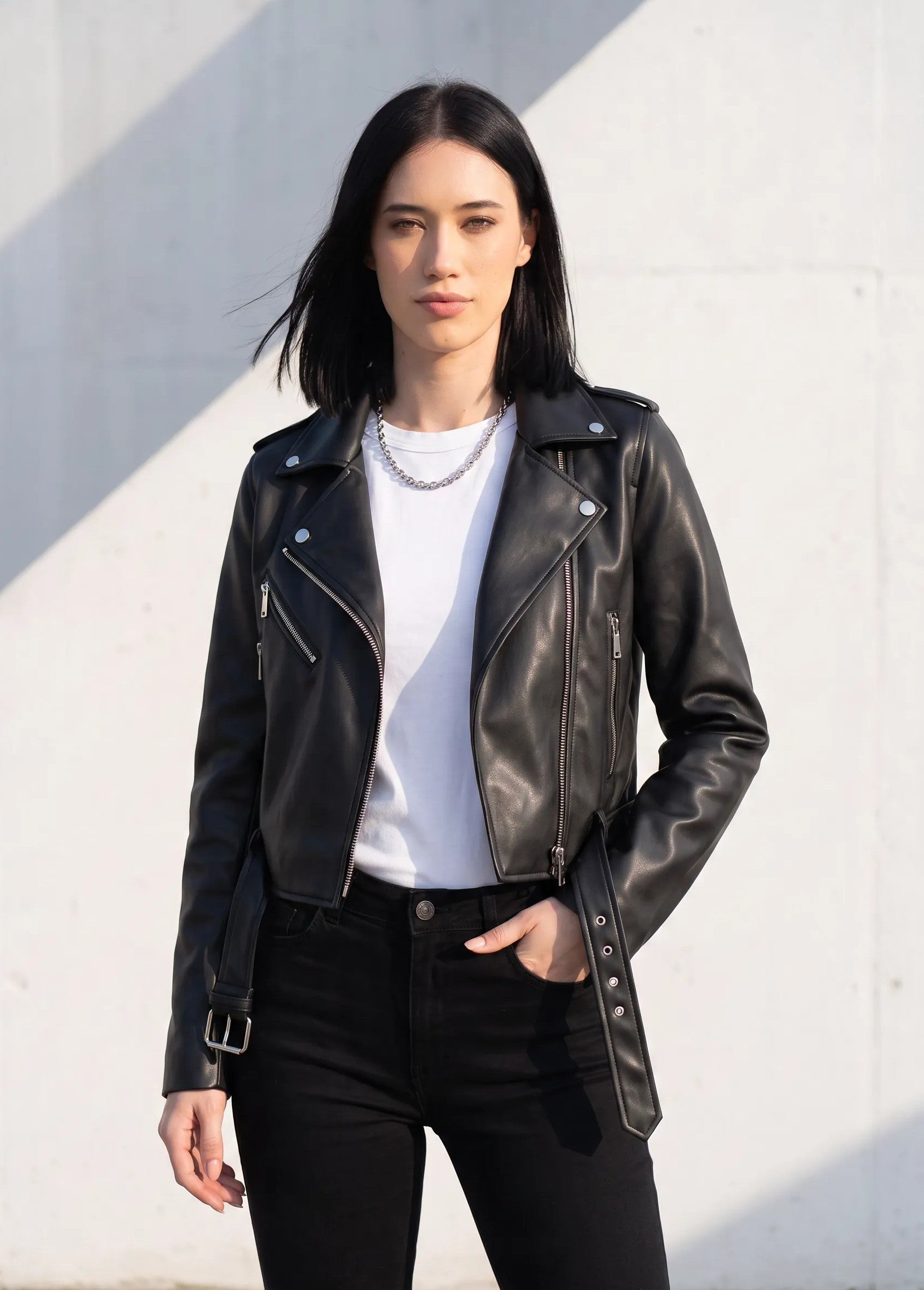 Giubbino Biker effetto pelle|Colore:Nero