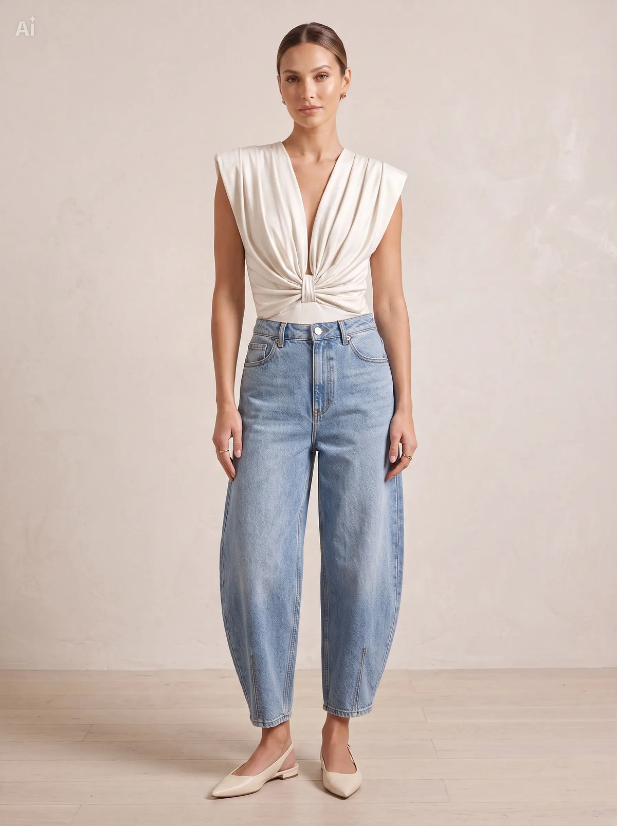 Body scollo a V con drappeggi|Colore:Panna
