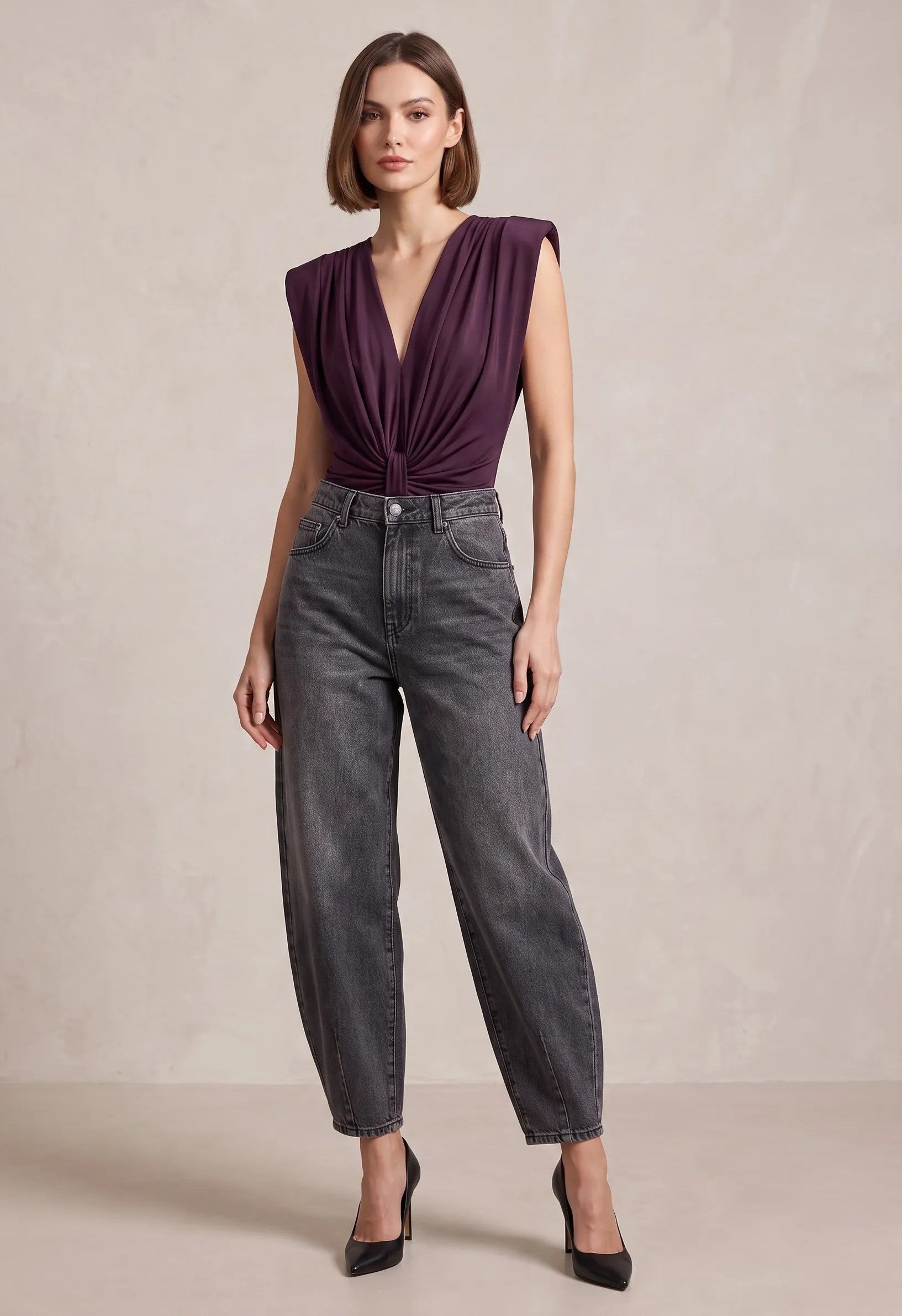 Body scollo a V con drappeggi|Colore:Prugna