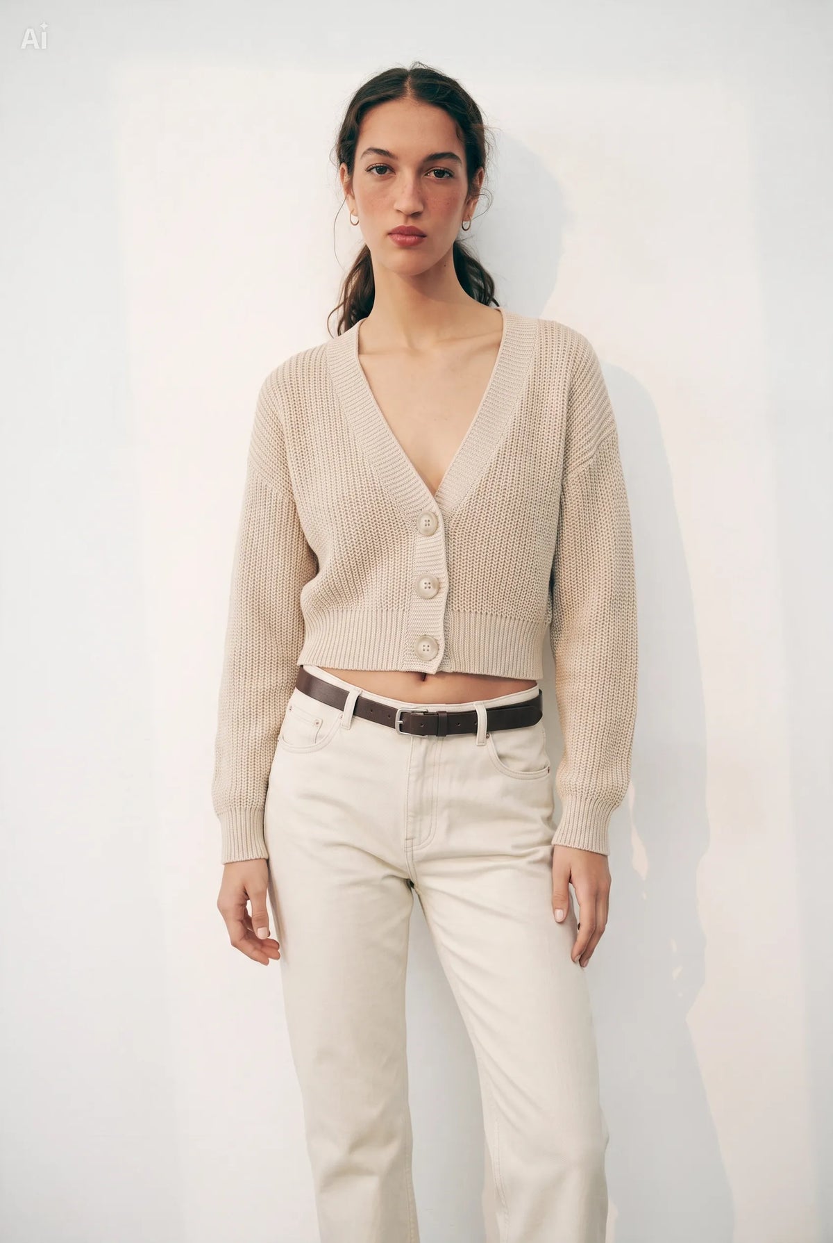 Cardigan con un profondo scollo a V ri|Colore:Beige