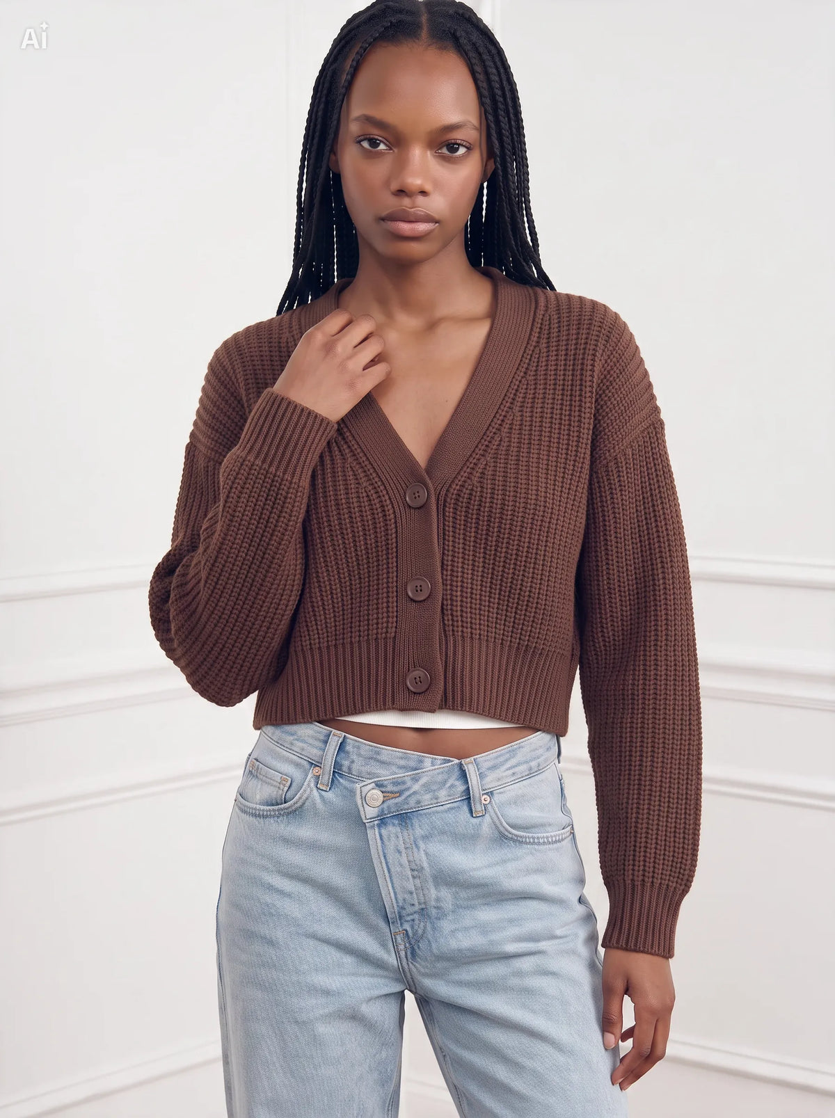 Cardigan con un profondo scollo a V ri|Colore:Marrone