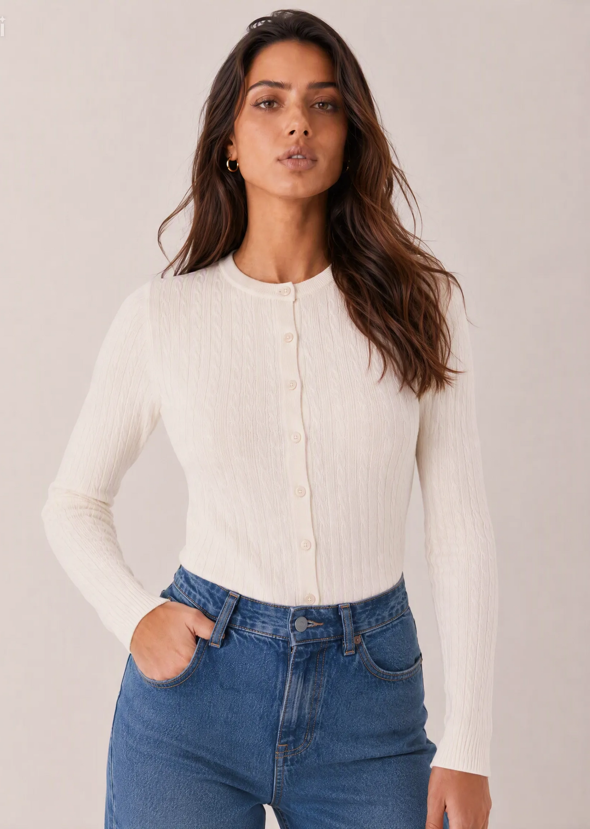 Cardigan girocollo lavorazione a trecce|Colore:Avorio