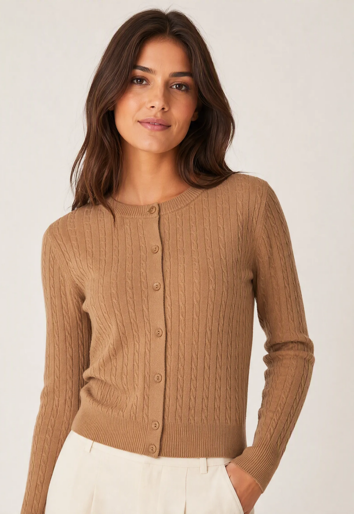 Cardigan girocollo lavorazione a trecce|Colore:Cammello