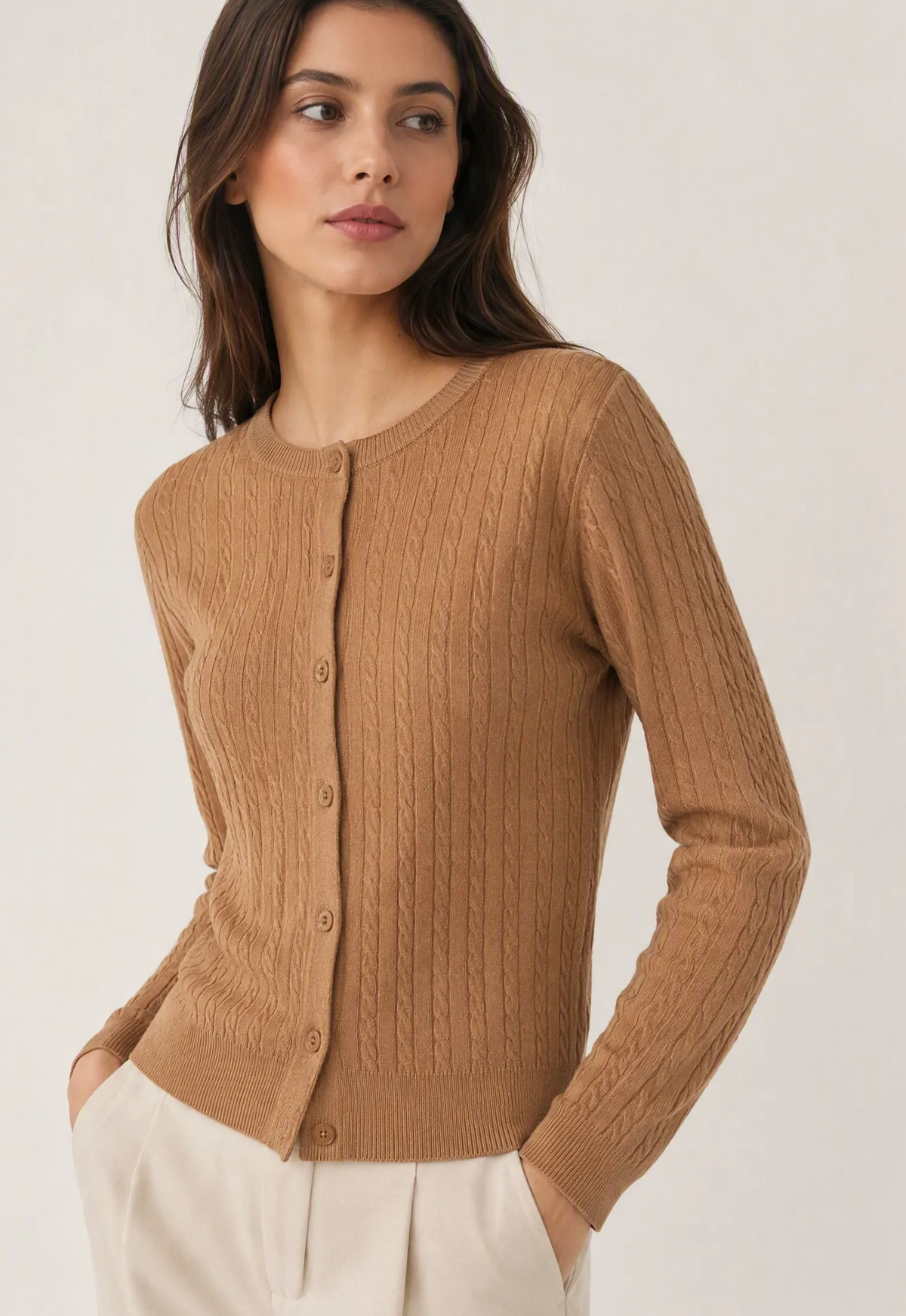 Cardigan girocollo lavorazione a trecce|Colore:Cammello